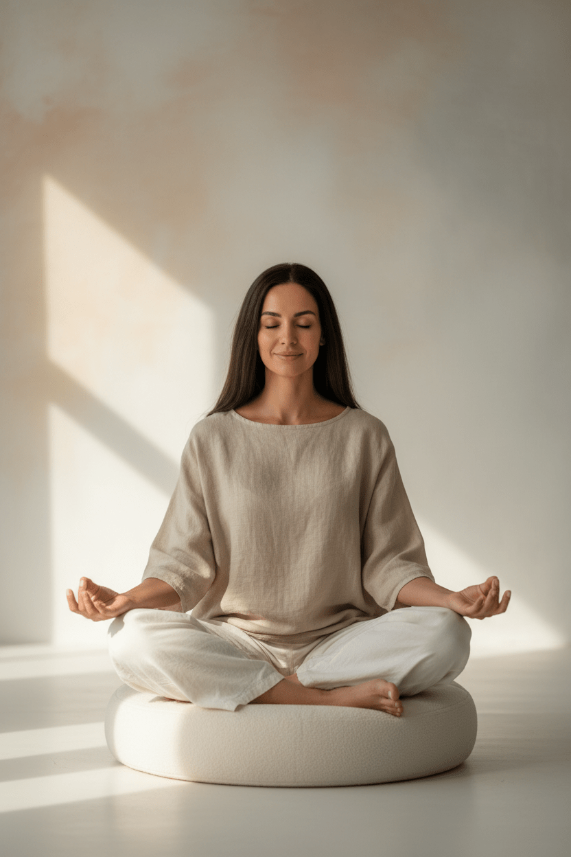 woman with dark hair and olive skin wearing neutral toned clothing meditating on a cream cushion with a neutral background