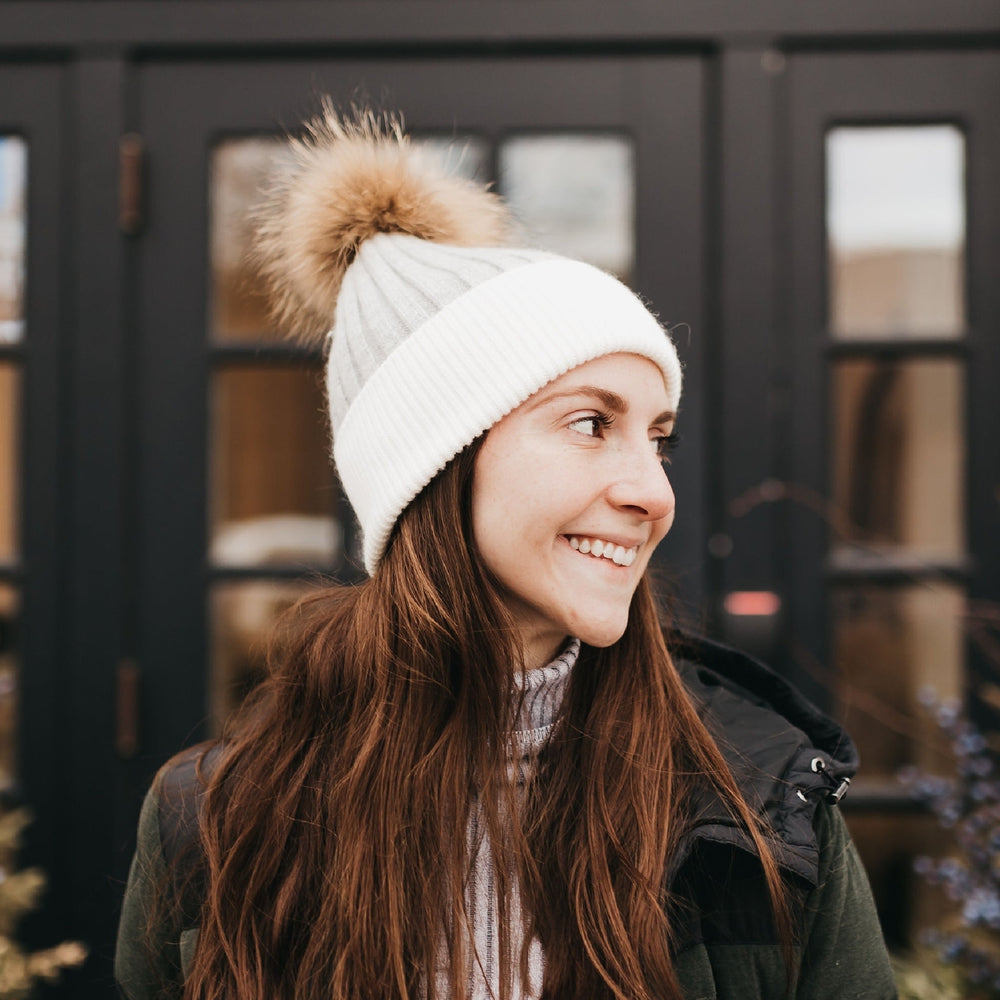 2 Tone Angora Knit Fur Pom Beanie