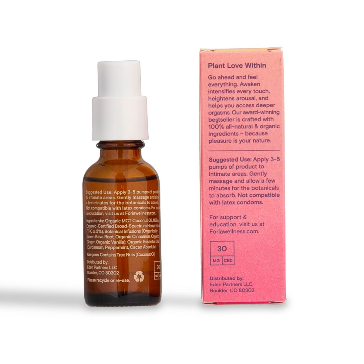 Foria Awaken Arousal Oil with CBD bottle and box, back labels