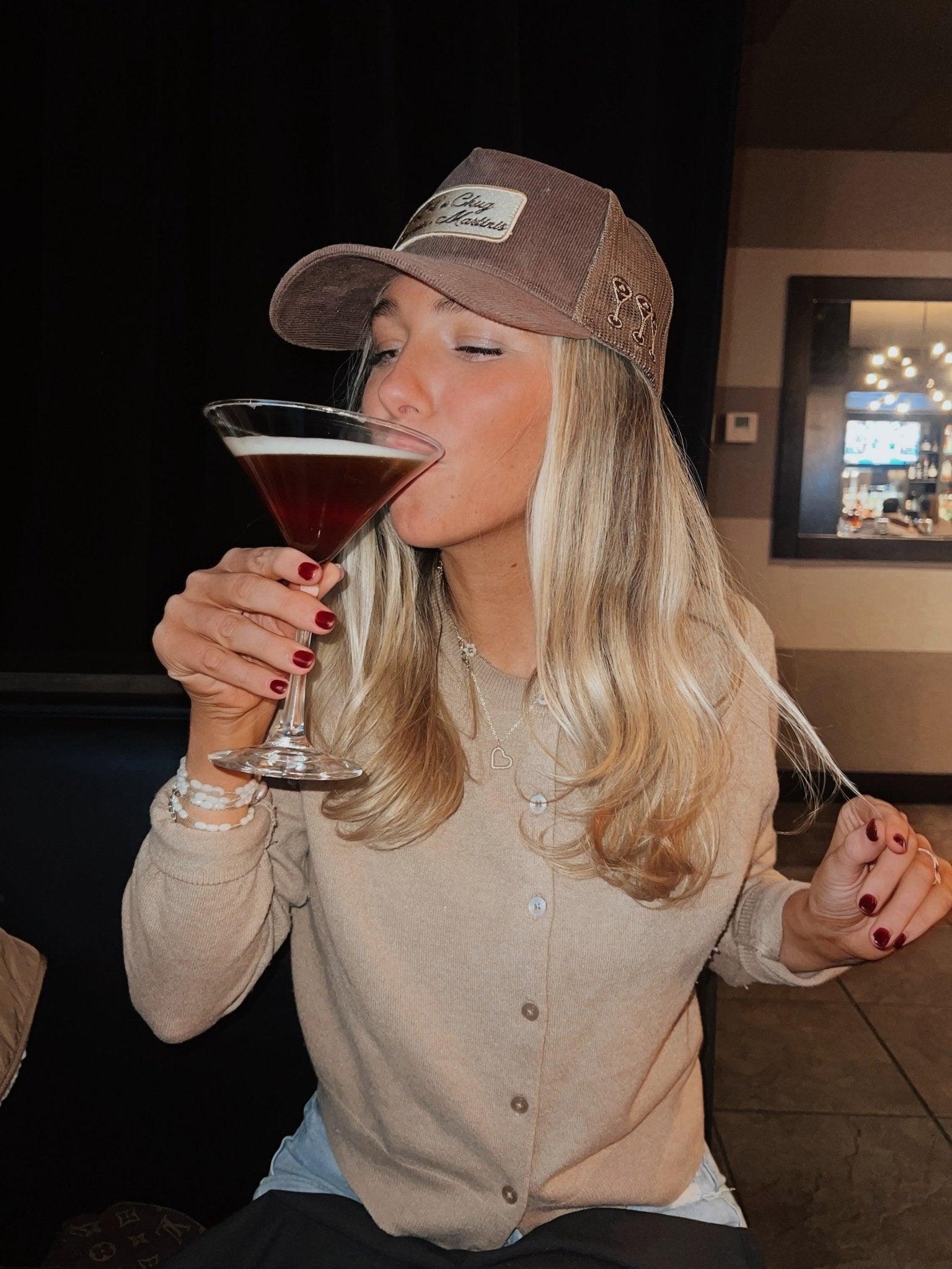 KenzKustomz Let's Chug Espresso Martinis - Brown Corduroy Trucker Hat