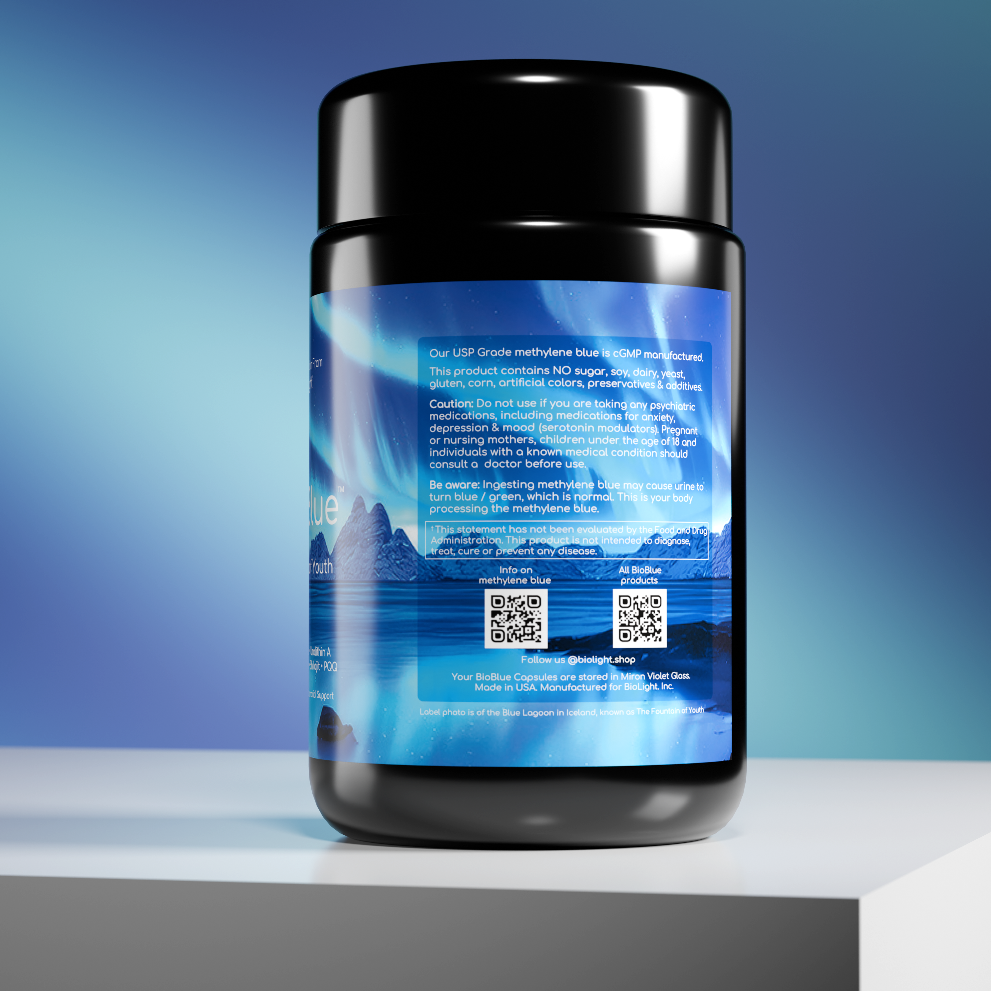 BioBlue Fountain of Youth Supplement | Mitochondrial Support with Methylene Blue & Mushrooms | Red Light Therapy Enhancer