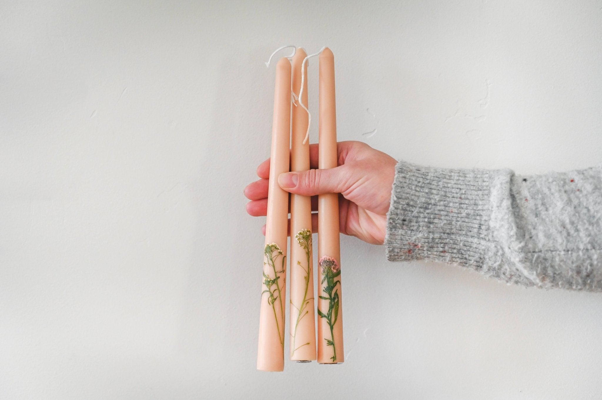 Galley & Fen Floral Inlaid Tapered Candle in Cream - Set of 3