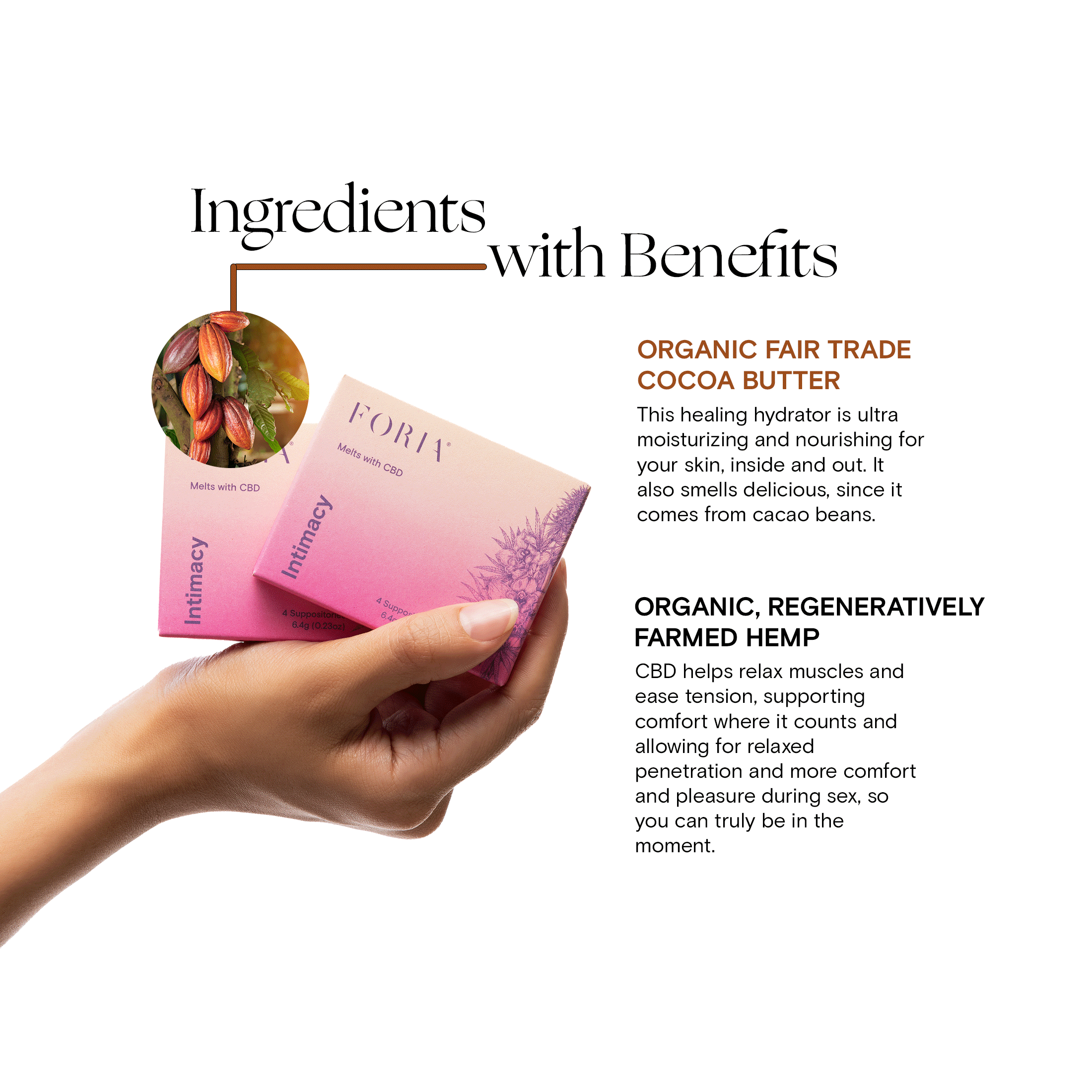 Foria Intimacy Melts ingredients: fair trade cocoa butter and organic hemp