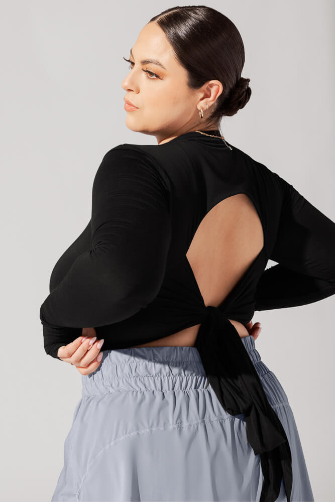 POPFLEX® Bow Back Reversible Long Sleeve Top - Black