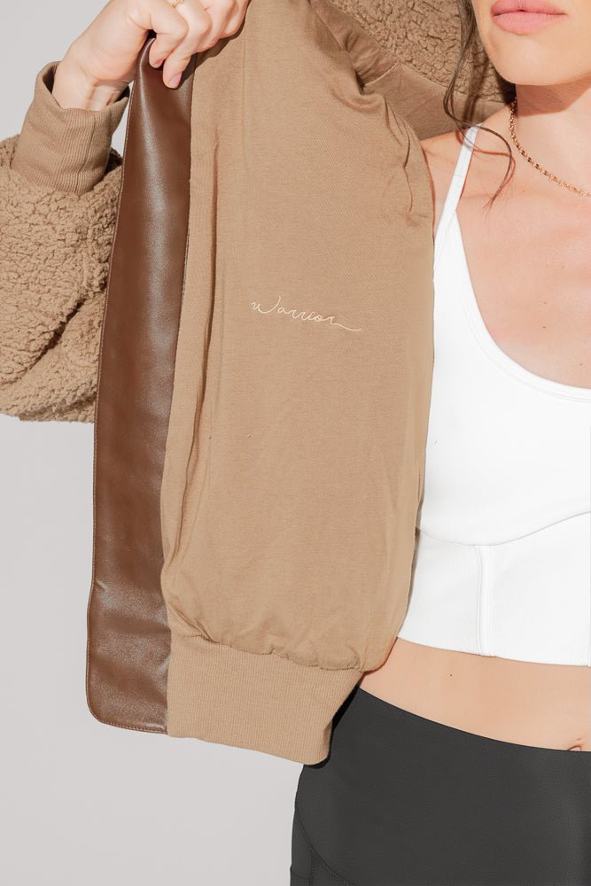 POPFLEX® The Kinsley Bomber Jacket in Faux Sherpa - Teddy Bear Brown