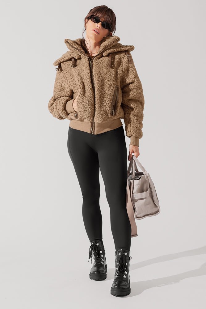 POPFLEX® The Kinsley Bomber Jacket in Faux Sherpa - Teddy Bear Brown