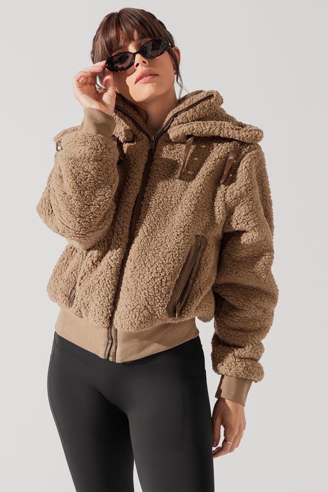 POPFLEX® The Kinsley Bomber Jacket in Faux Sherpa - Teddy Bear Brown