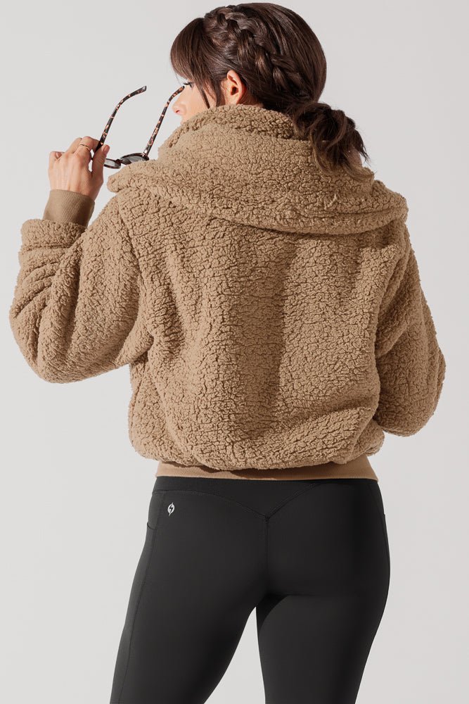 POPFLEX® The Kinsley Bomber Jacket in Faux Sherpa - Teddy Bear Brown