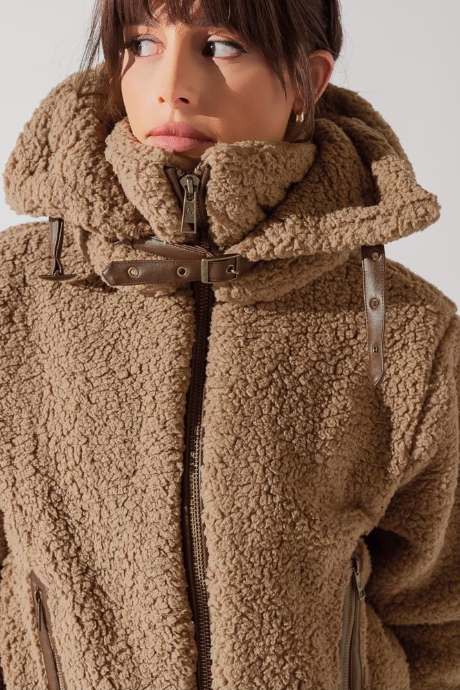 POPFLEX® The Kinsley Bomber Jacket in Faux Sherpa - Teddy Bear Brown