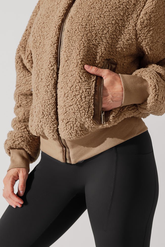 POPFLEX® The Kinsley Bomber Jacket in Faux Sherpa - Teddy Bear Brown