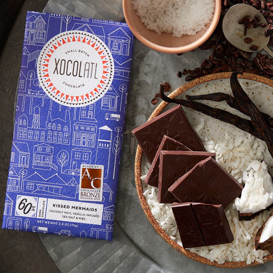 Xocolatl Small Batch Chocolate Kissed Mermaids Dark Chocolate Coconut Bar
