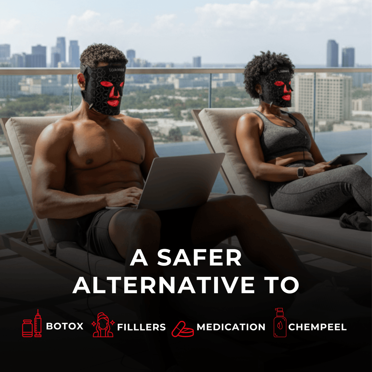 Two people wearing the Lumara VISO red light mask while working on laptops