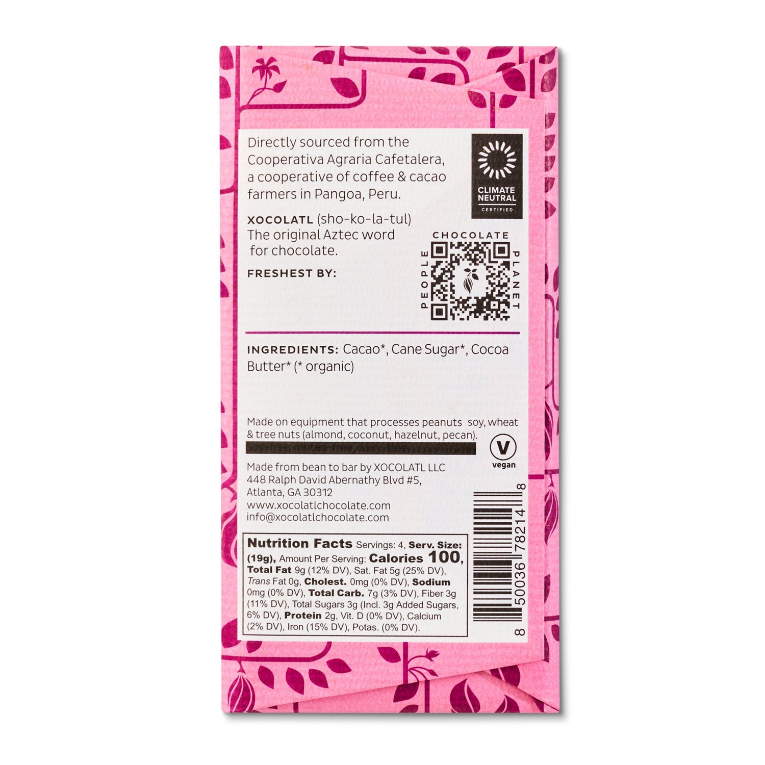 Xocolatl Small Batch Chocolate San Martin De Pangoa, Peru 85% Dark Chocolate