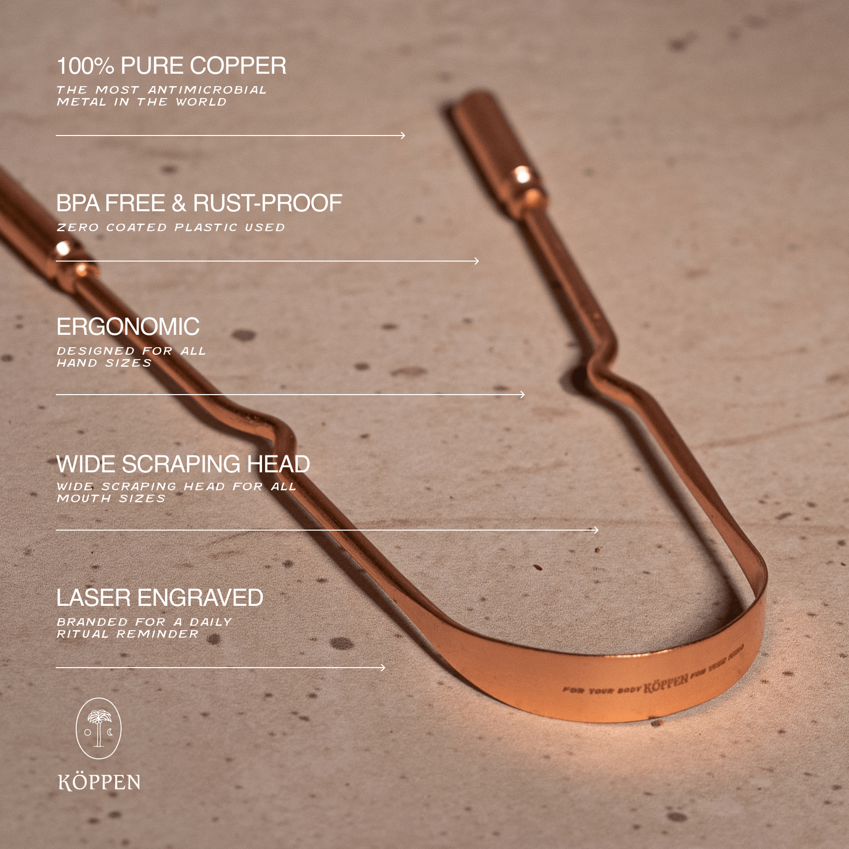 KÖPPEN Pure Copper Tongue Scraper | Fresh Breath & Enhanced Taste