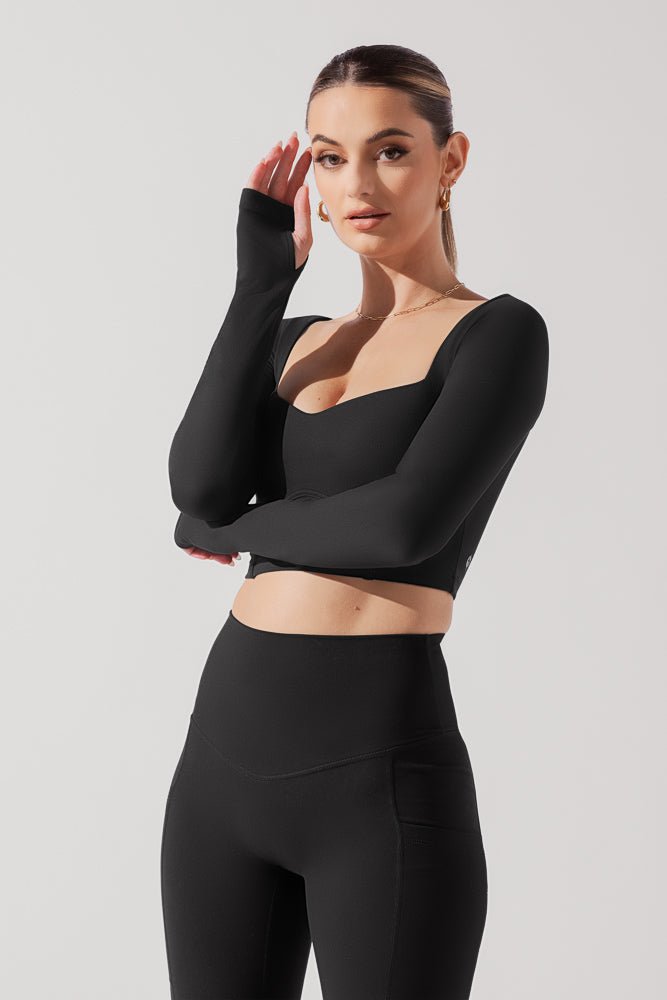 POPFLEX® Sweetheart Long Sleeve Crop Top - Black