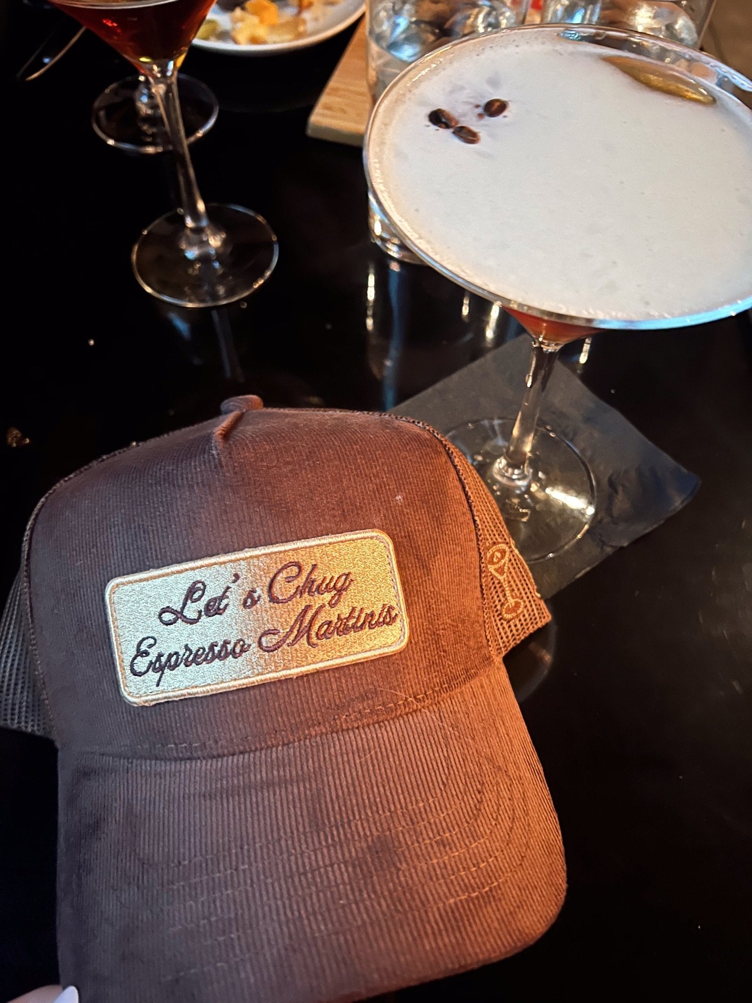 KenzKustomz Let's Chug Espresso Martinis - Brown Corduroy Trucker Hat