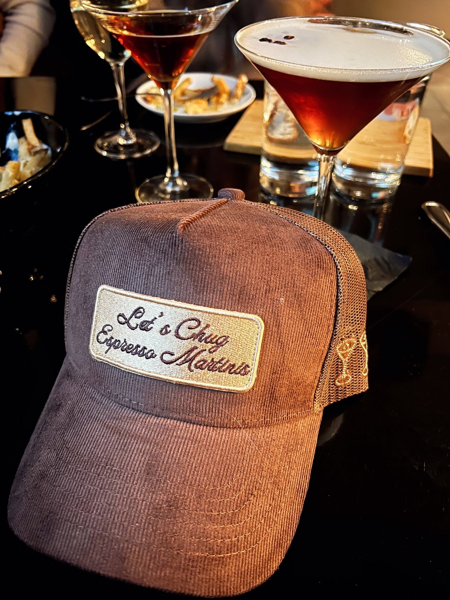 KenzKustomz Let's Chug Espresso Martinis - Brown Corduroy Trucker Hat