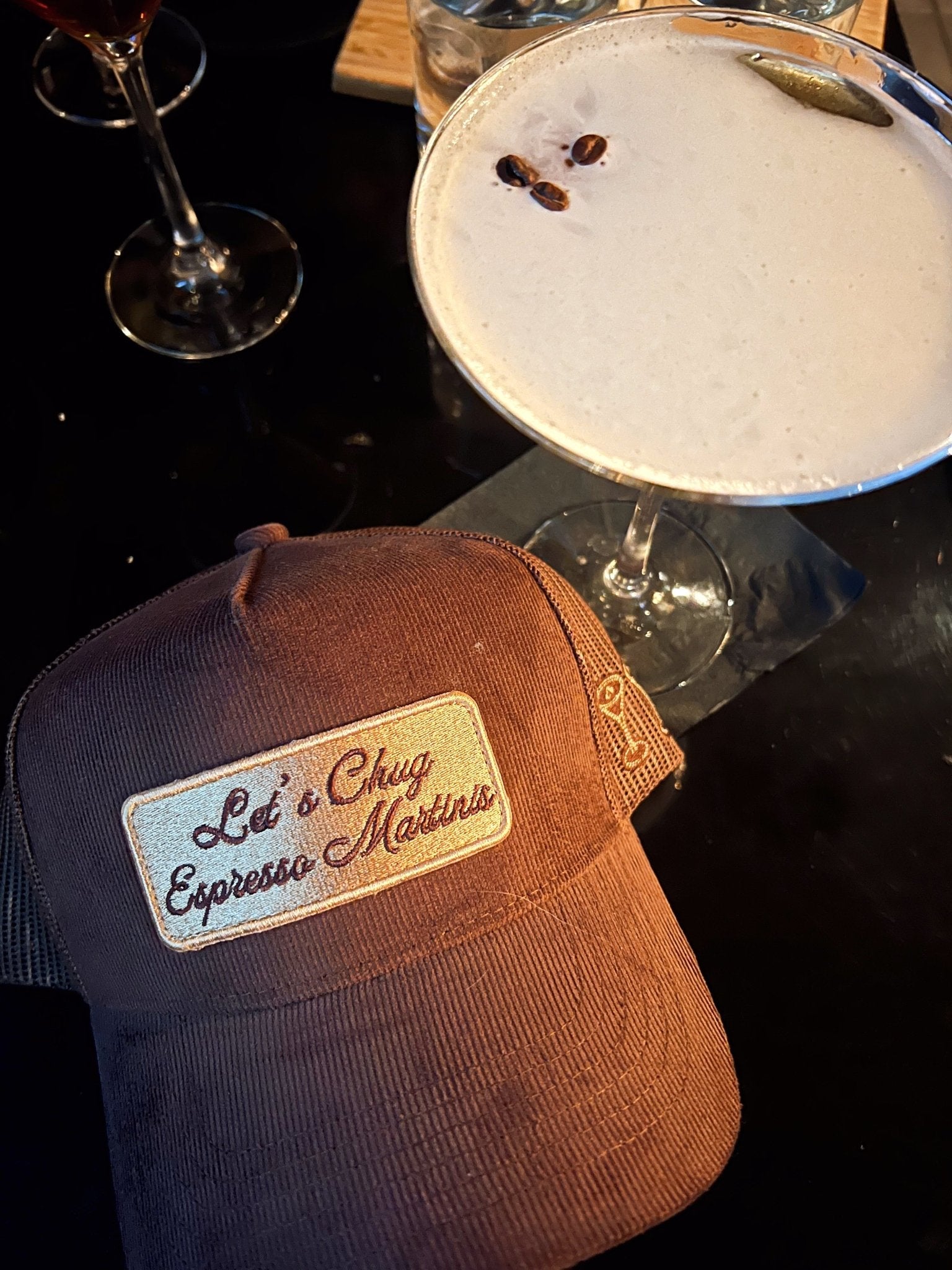 KenzKustomz Let's Chug Espresso Martinis - Brown Corduroy Trucker Hat