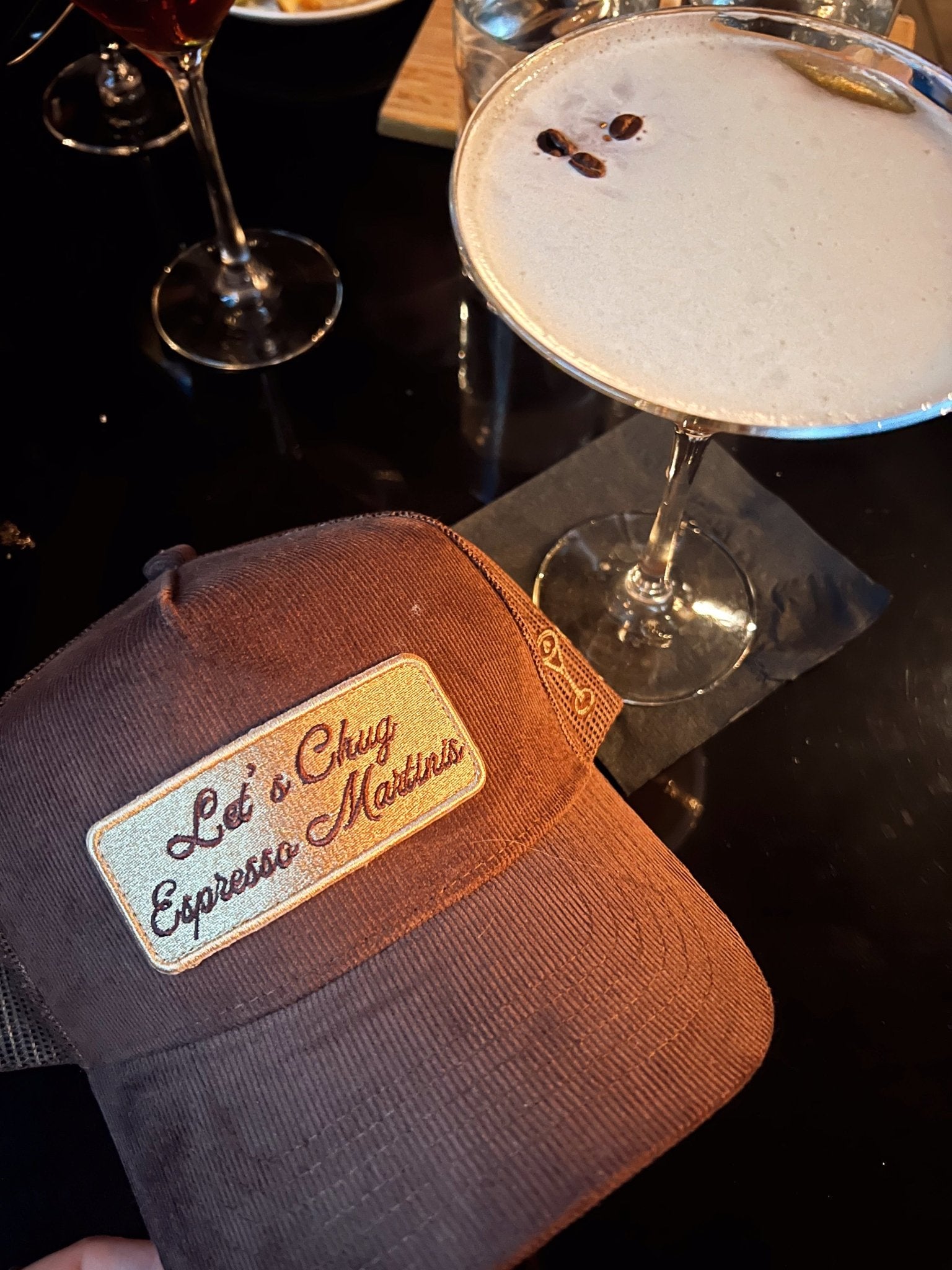 KenzKustomz Let's Chug Espresso Martinis - Brown Corduroy Trucker Hat