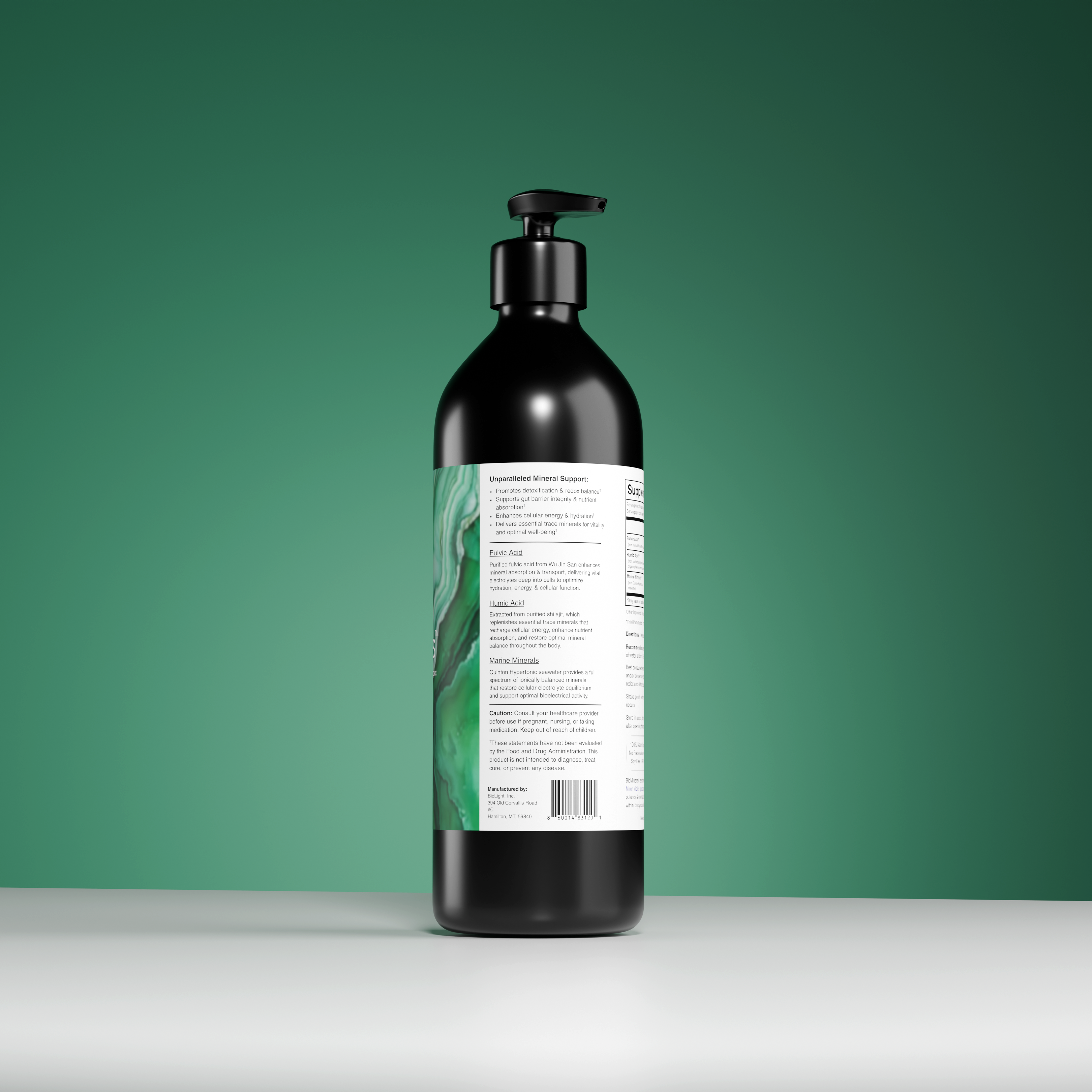 Bio Minerals Detox Support Black bottle with a pump on a green background