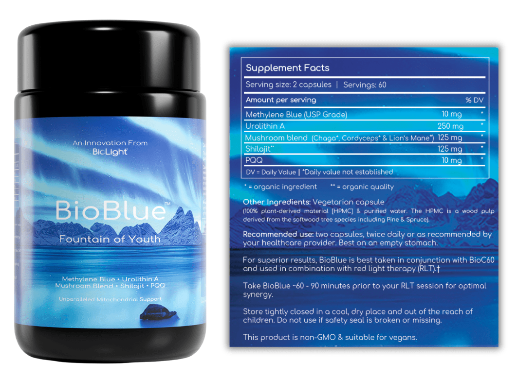 BioLight BioBlue Fountain of Youth Supplement | Mitochondrial Support with Methylene Blue & Mushrooms | Red Light Therapy Enhancer