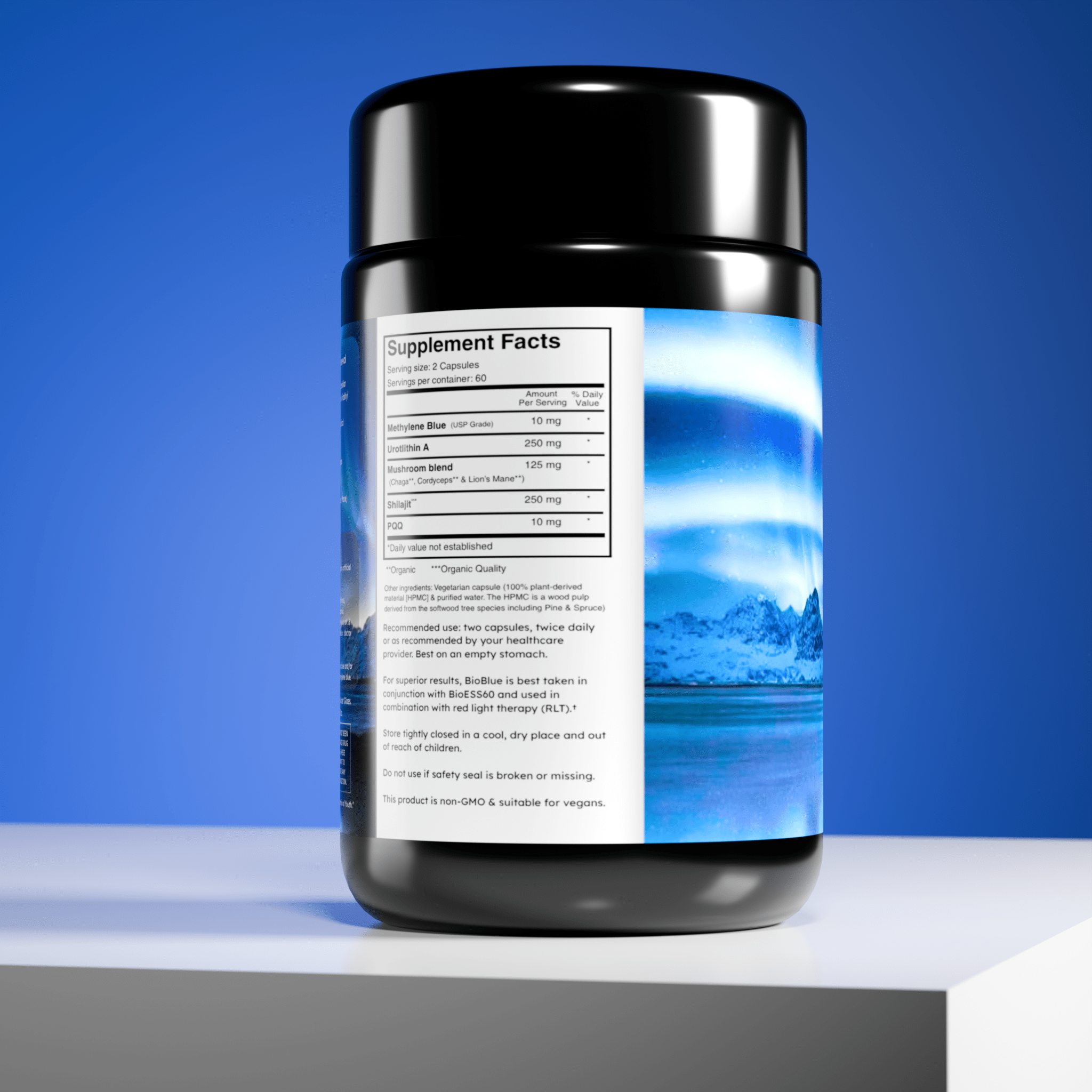 BioLight BioBlue Fountain of Youth Supplement | Mitochondrial Support with Methylene Blue & Mushrooms | Red Light Therapy Enhancer
