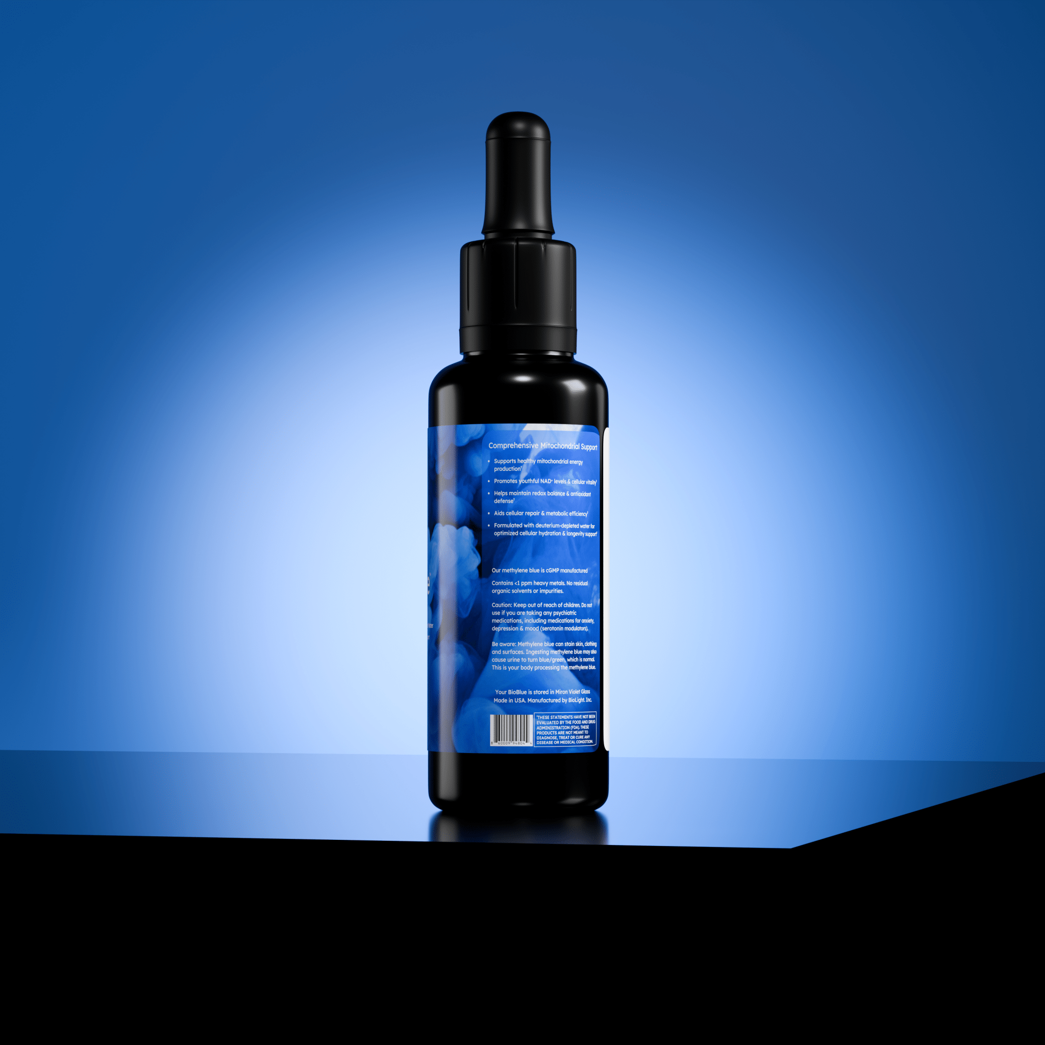 BioLight BioBlue: Methylene Blue Supplement - Crafted w/ Litewater Deuterium - Depleted Water | Supports Brain Health & Mitochondrial Function | Red Light Therapy Synergist | 1% Solution, USP Grade