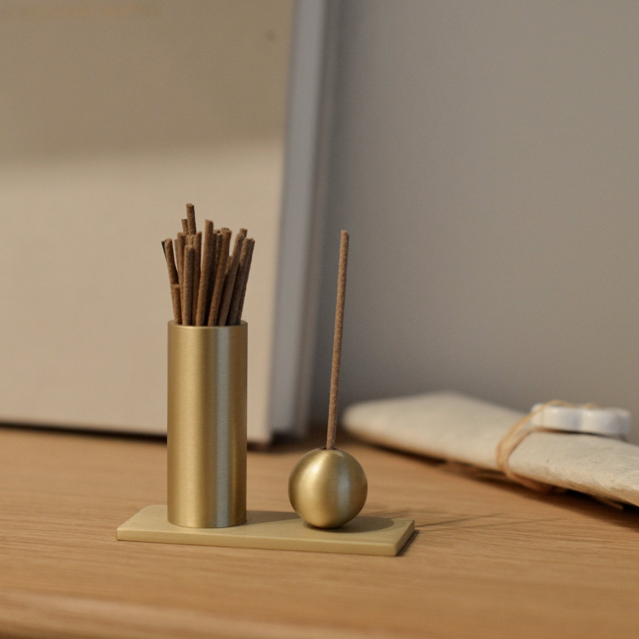 CEDAR AND MYRRH Cylinder & Sphere Brass Incense Holder