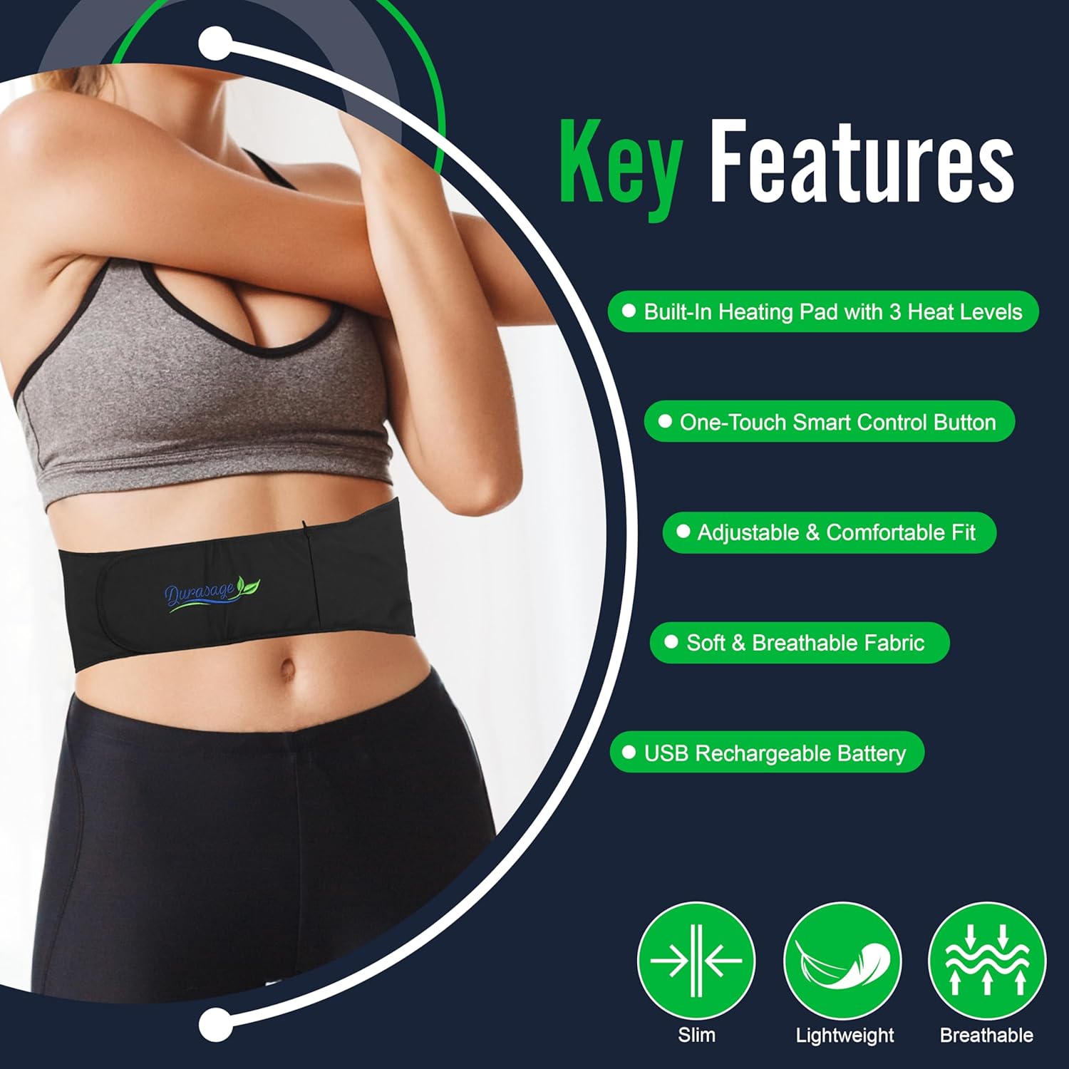 Durasage Health Durasage Cordless Heating Pad for Back Pain Relief – Portable Infrared Waist Belt with 3 Adjustable Heat Settings, USB Rechargeable, Wearable Wrap for Lower Back - Comfort & Lightweight – Black