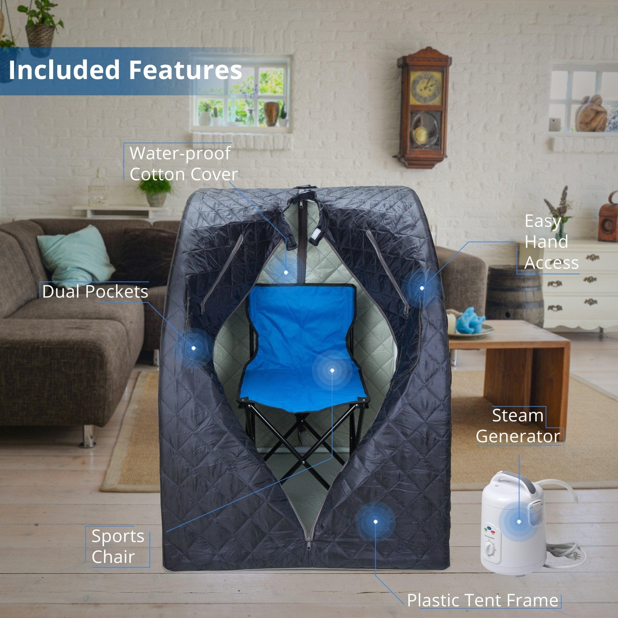 Durasage Health Oversized Portable Steam Sauna for Weight Loss, Detox & Relaxation at Home, Chair Included - Dark Blue