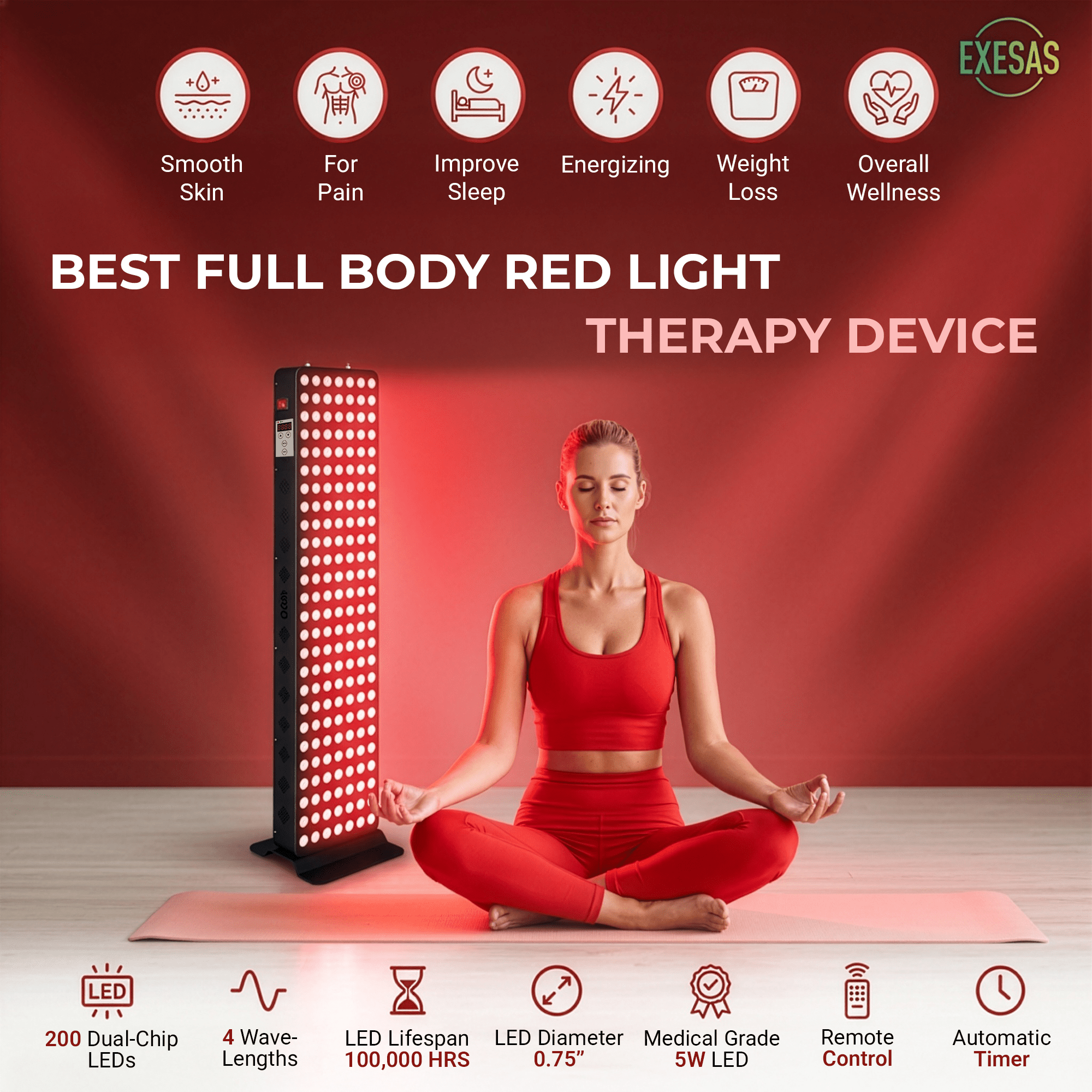 EXESAS EXESAS 200 LED, 1000W Dual - Chip, Red Light Therapy Device for Full Body, 4 - Wavelengths Infrared LED Panel for Skin, Weight, Pain, Wellness