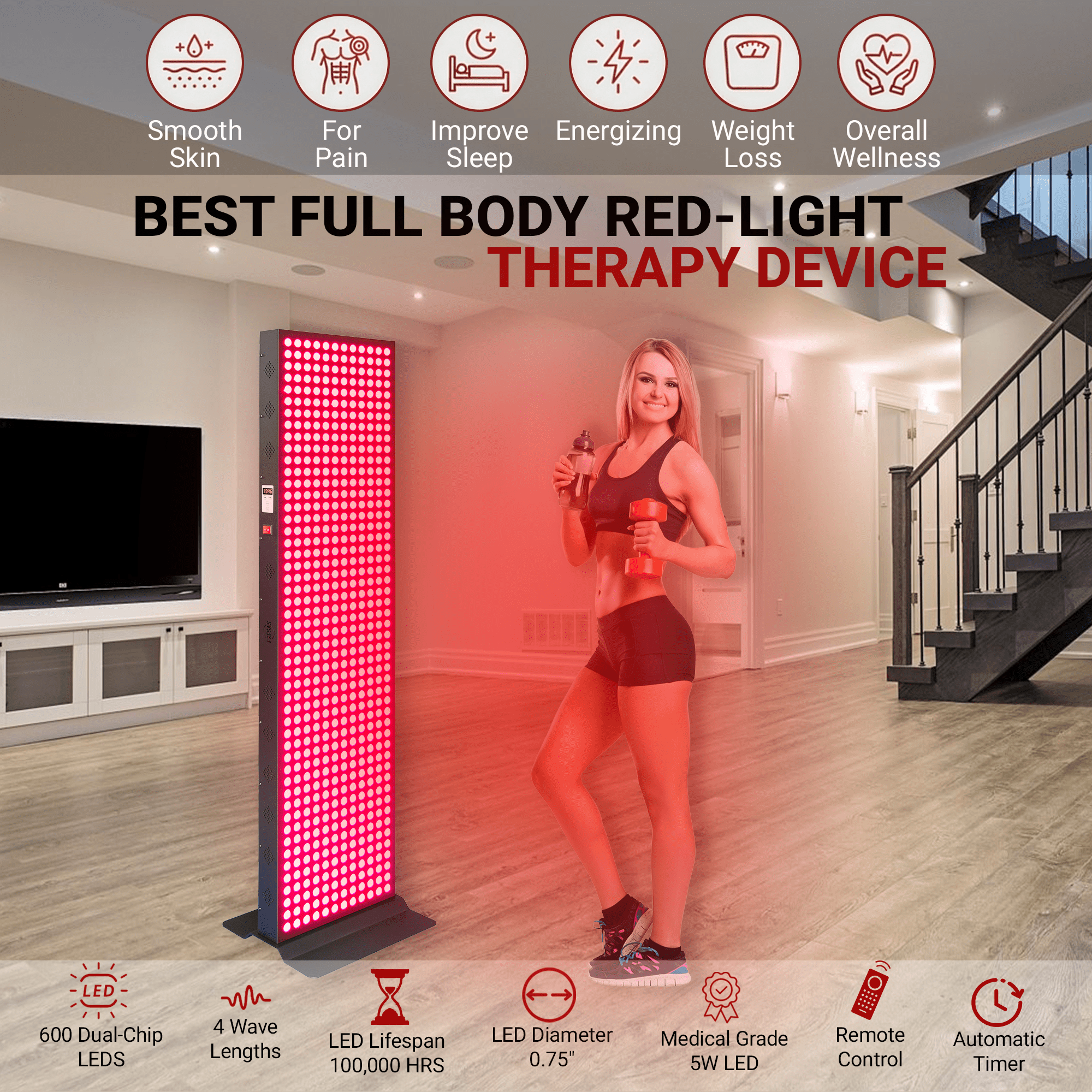 EXESAS EXESAS 600 LED, 3000W Dual - Chip, Red Light Therapy Device for Full Body, 4 - Wavelengths Infrared LED Panel for Skin, Weight, Pain, Wellness