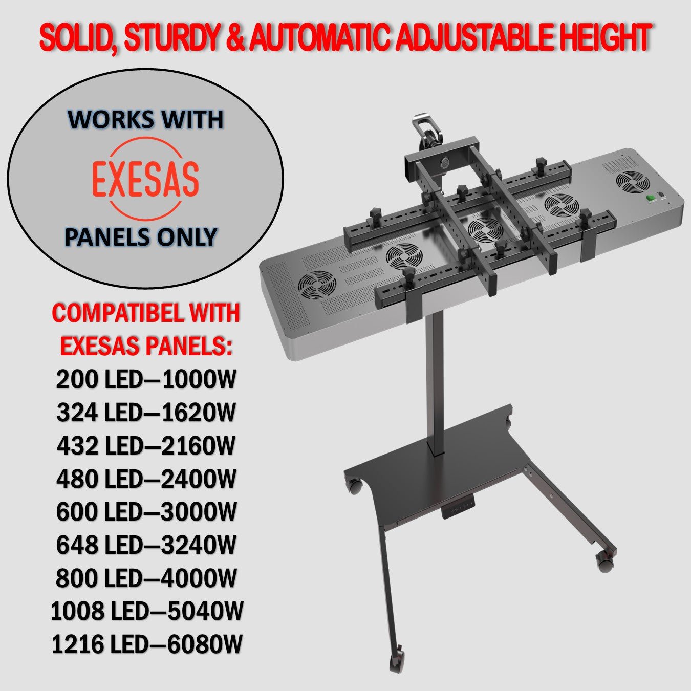 EXESAS Horizontal/Vertical Powered Automatic Rolling Stand for EXESAS Red Light Therapy Panels, Auto Height Adjustment, (Panel Sold Separately)