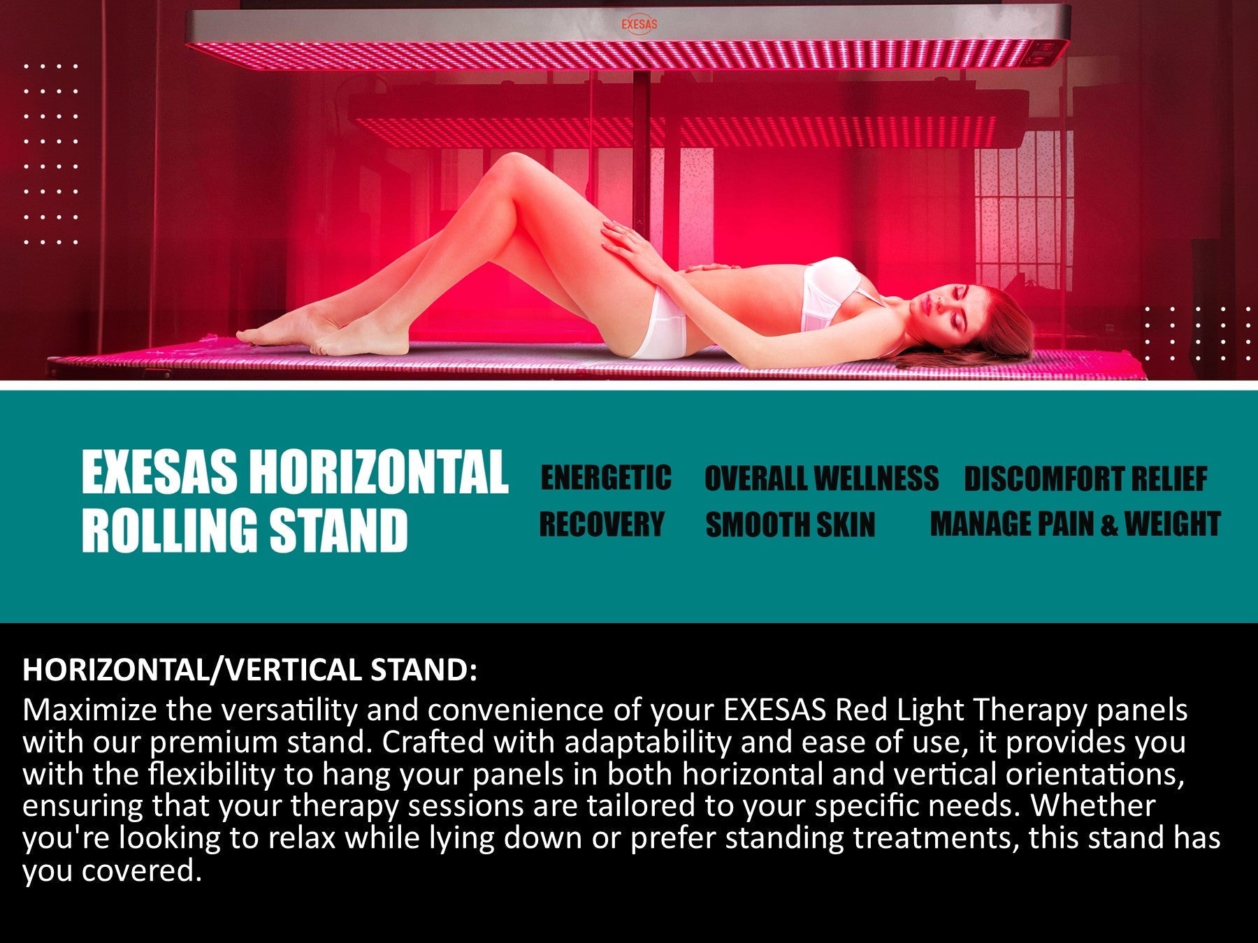 EXESAS Horizontal/Vertical Powered Automatic Rolling Stand for EXESAS Red Light Therapy Panels, Auto Height Adjustment, (Panel Sold Separately)