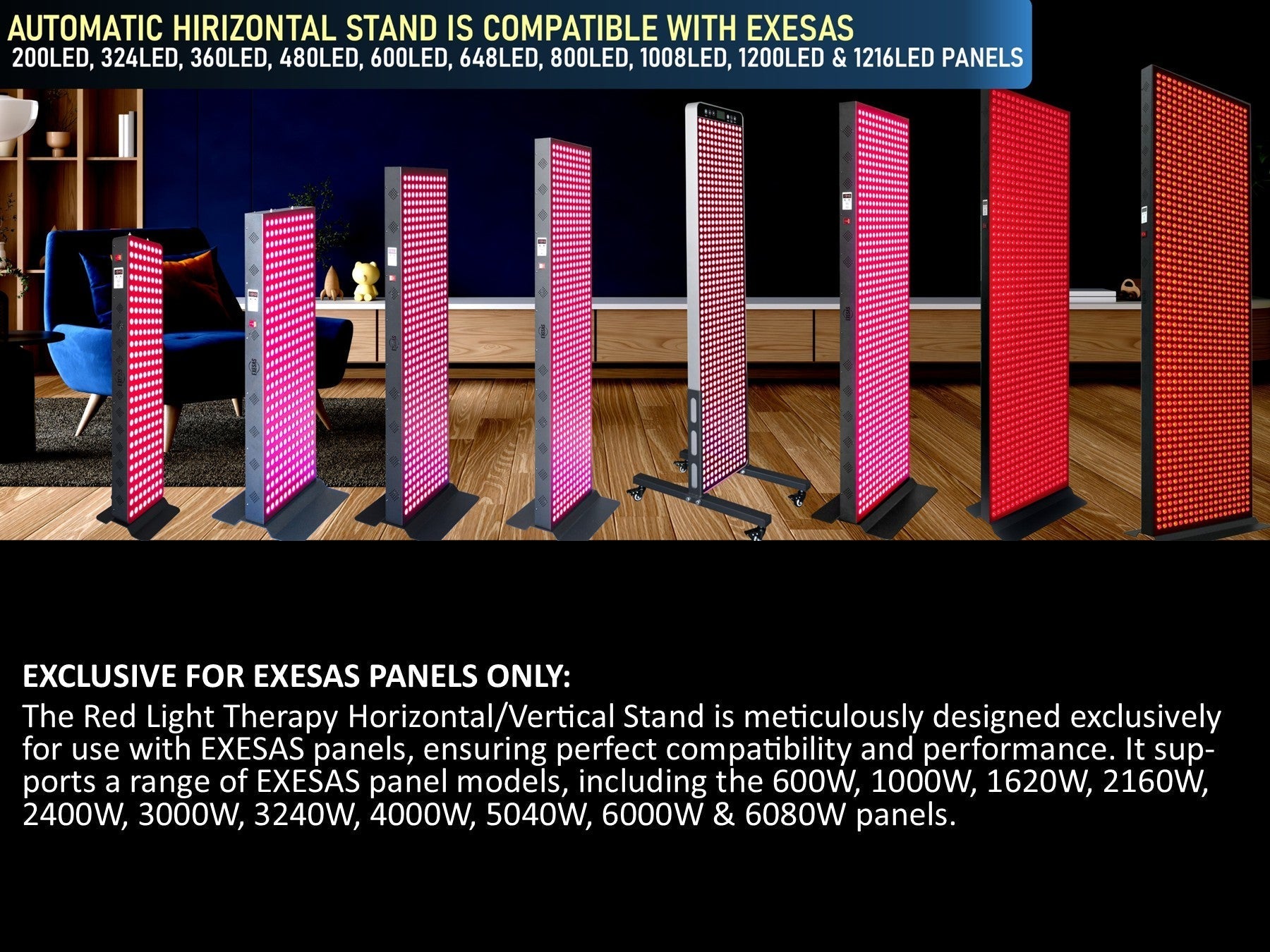 EXESAS Horizontal/Vertical Powered Automatic Rolling Stand for EXESAS Red Light Therapy Panels, Auto Height Adjustment, (Panel Sold Separately)