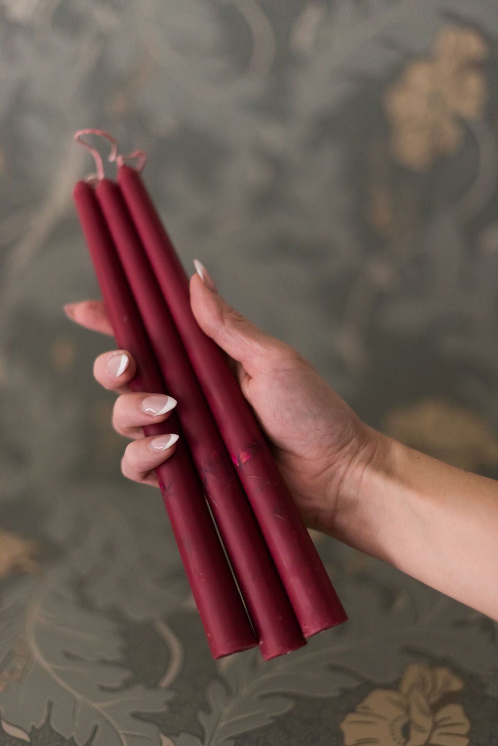 Galley & Fen Floral Inlaid Tapered Candle in Burgundy - Set of 3