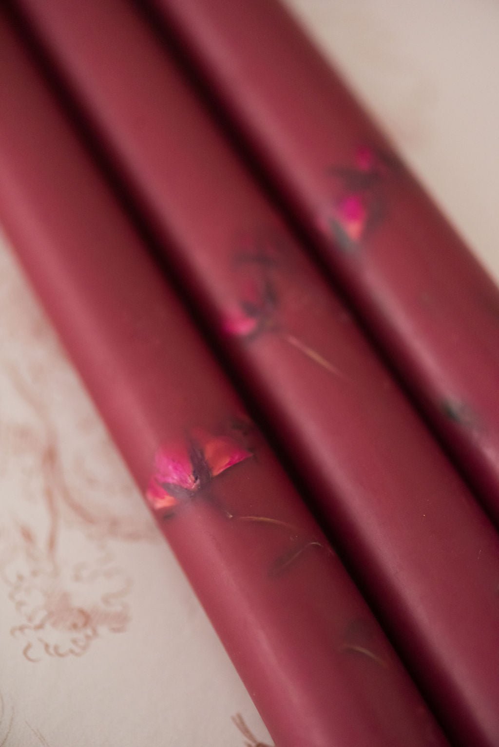 Galley & Fen Floral Inlaid Tapered Candle in Burgundy - Set of 3