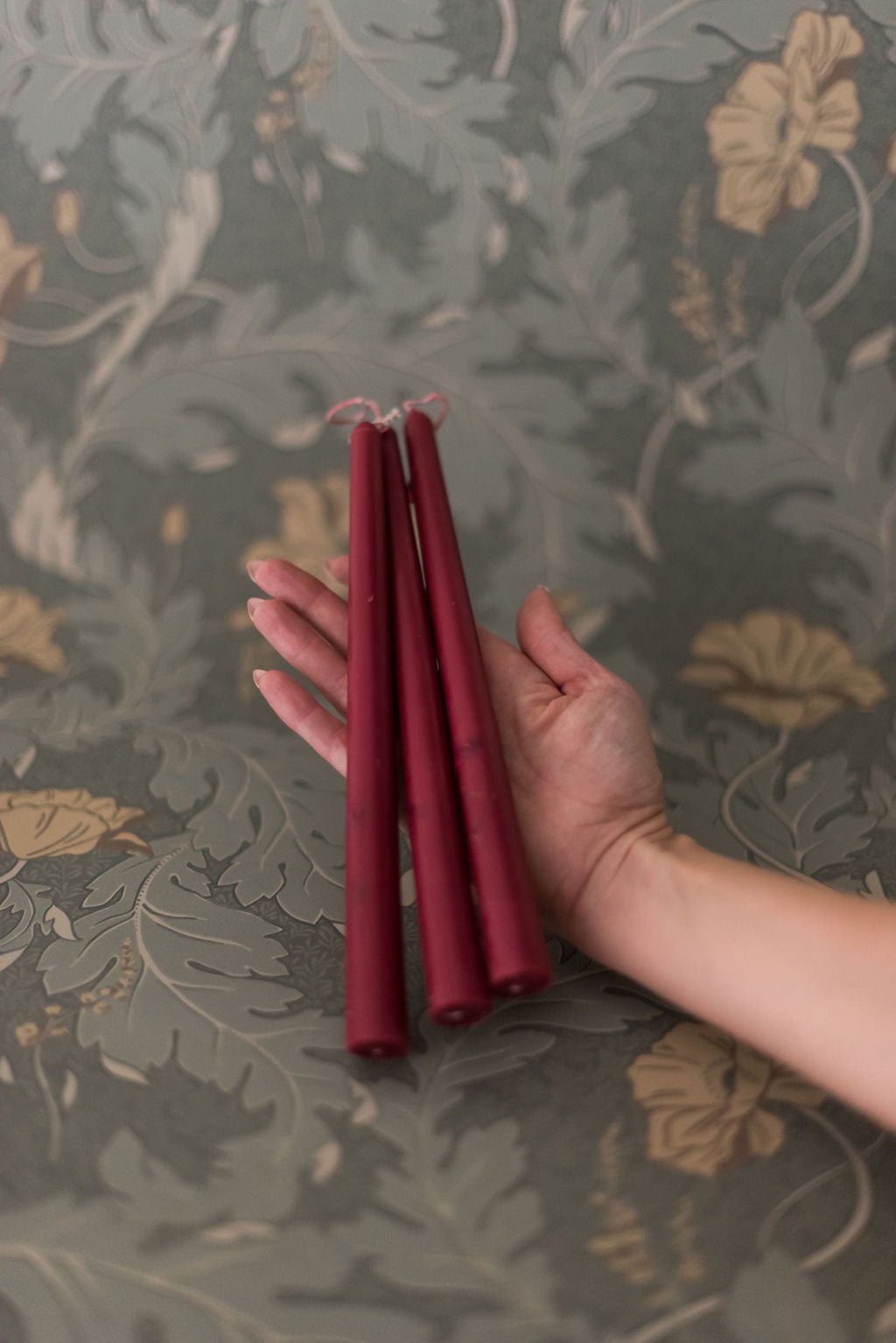 Galley & Fen Floral Inlaid Tapered Candle in Burgundy - Set of 3