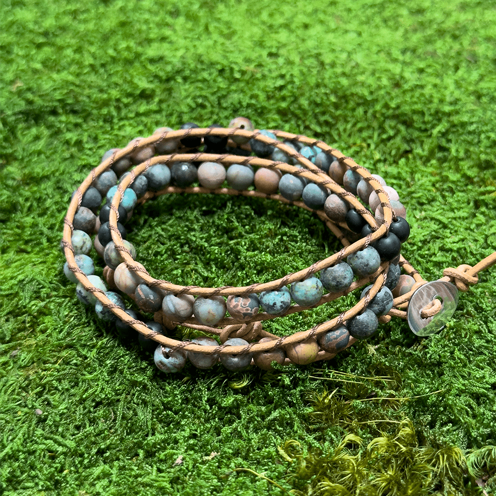 HealthyLine African Turquoise + Red Turquoise + Zinc Alloy + Onyx Bracelet. Light Brown Cow Leather Rope