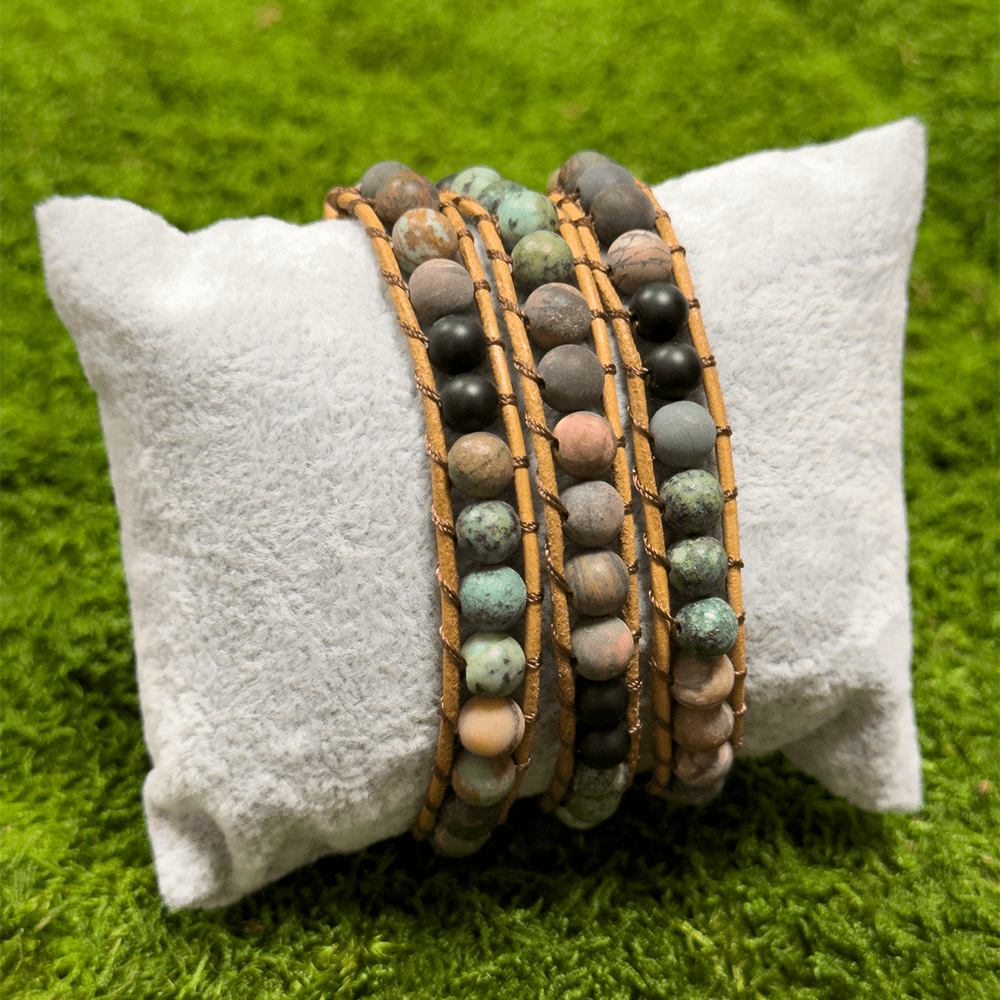 HealthyLine African Turquoise + Red Turquoise + Zinc Alloy + Onyx Bracelet. Light Brown Cow Leather Rope