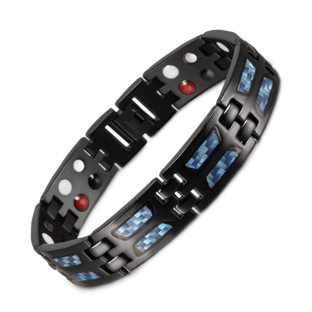 HealthyLine Stainless Steel Energy Bracelet 4 - in - 1. Black/Blue Color. Model B617BL