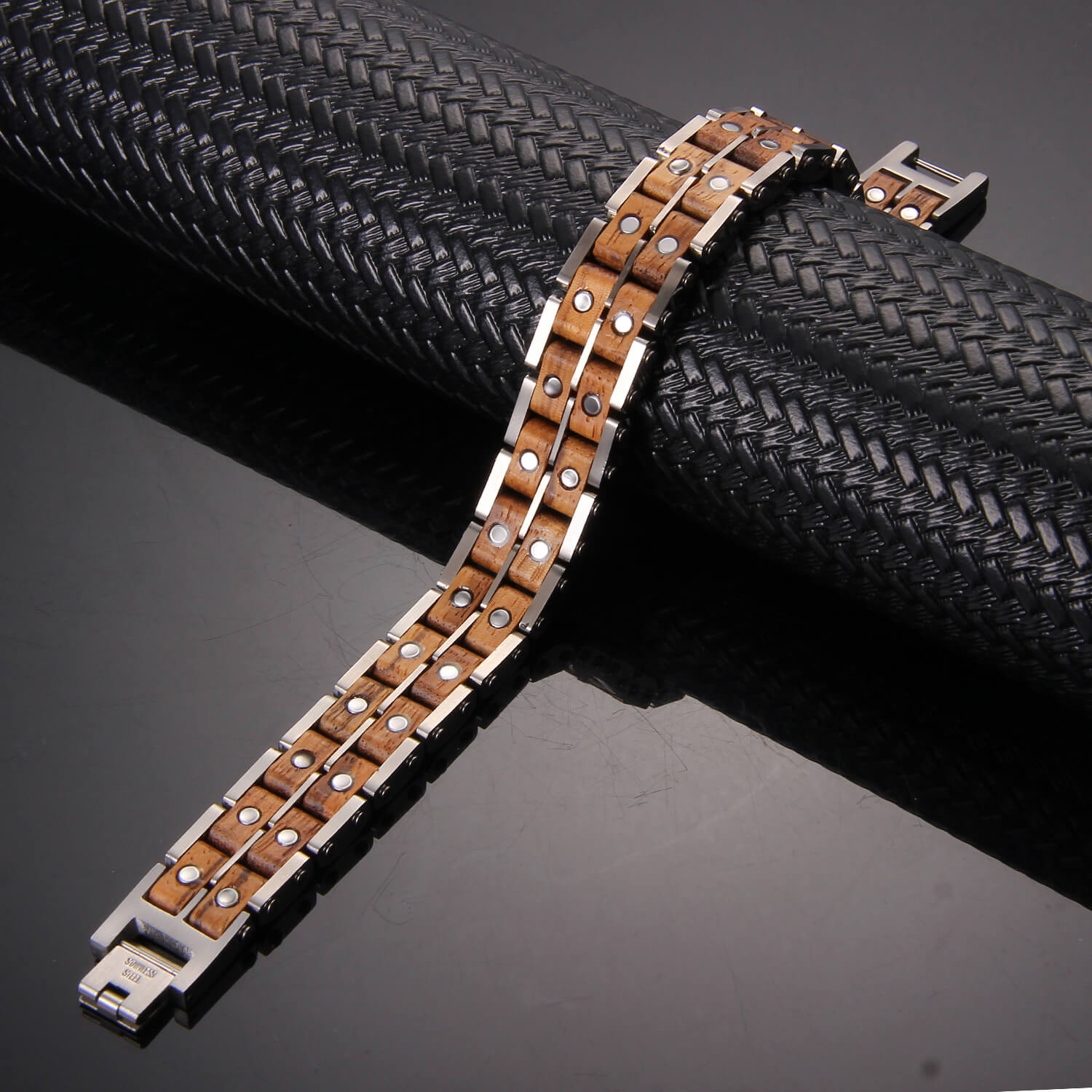 HealthyLine Wood and Stainless Steel Magnetic Bracelet. 3 Colors available. Model WB011