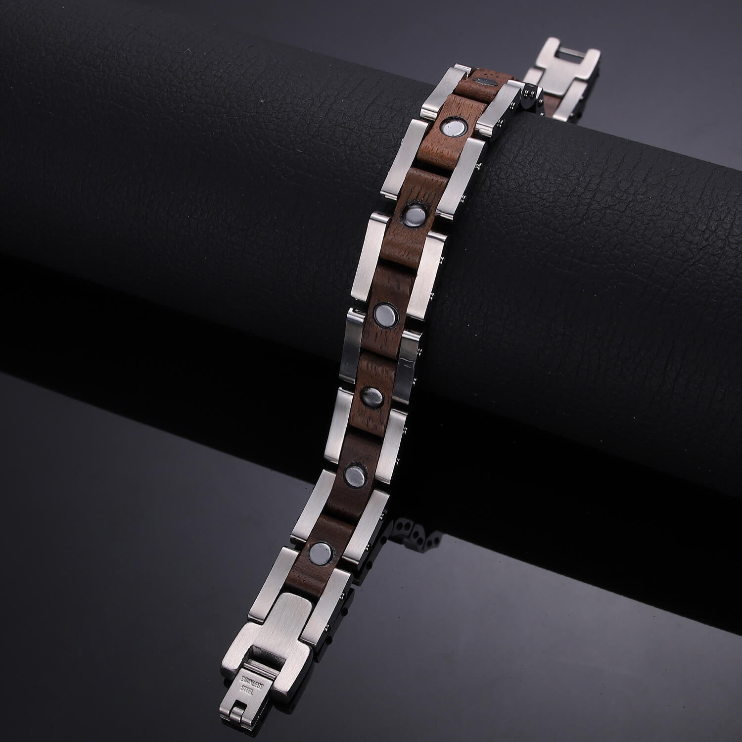 HealthyLine Wood and Stainless Steel Magnetic Bracelet. Silver Color available. Model WB008