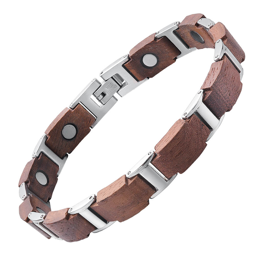 HealthyLine Wood and Stainless Steel Unisex Magnetic Bracelet. Brown & Silver Color. Model WB013