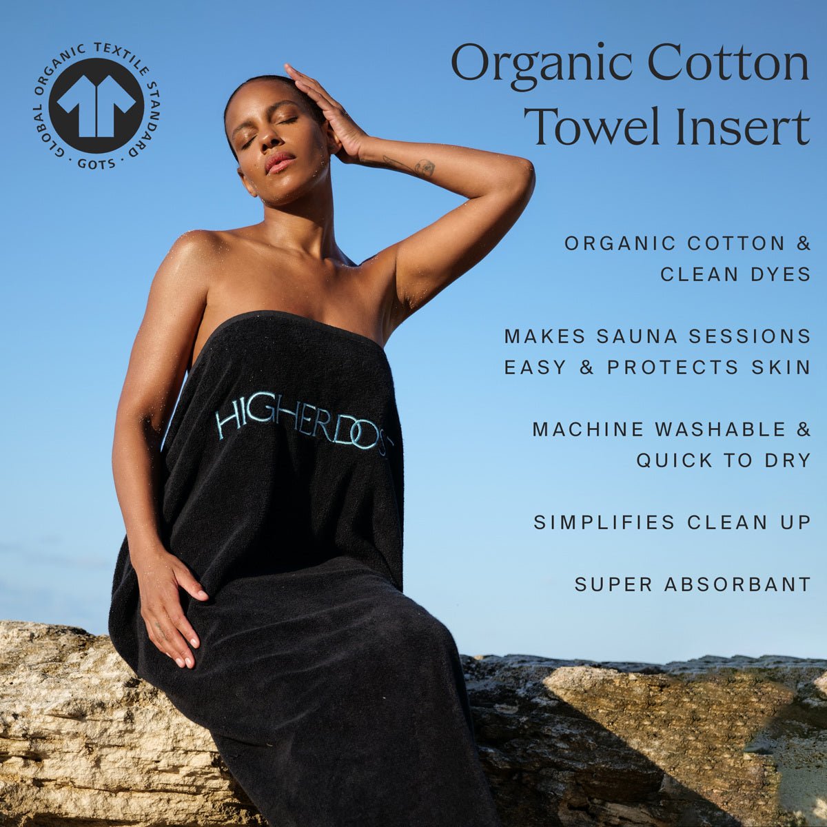 Woman wrapped in the HigherDOSE organic cotton sauna blanket insert