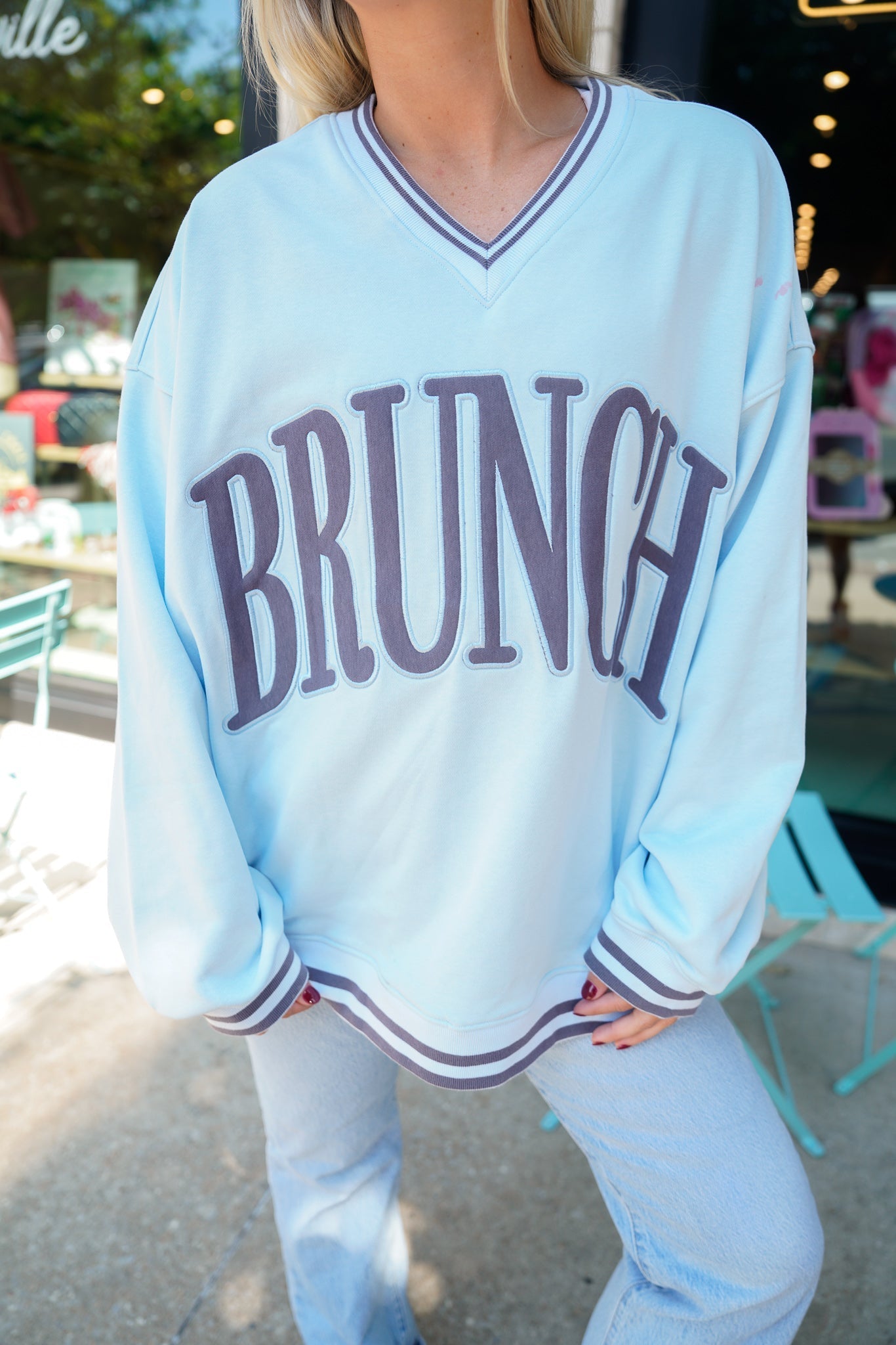 KenzKustomz Brunch - Blue Vintage V - Neck Sweatshirt