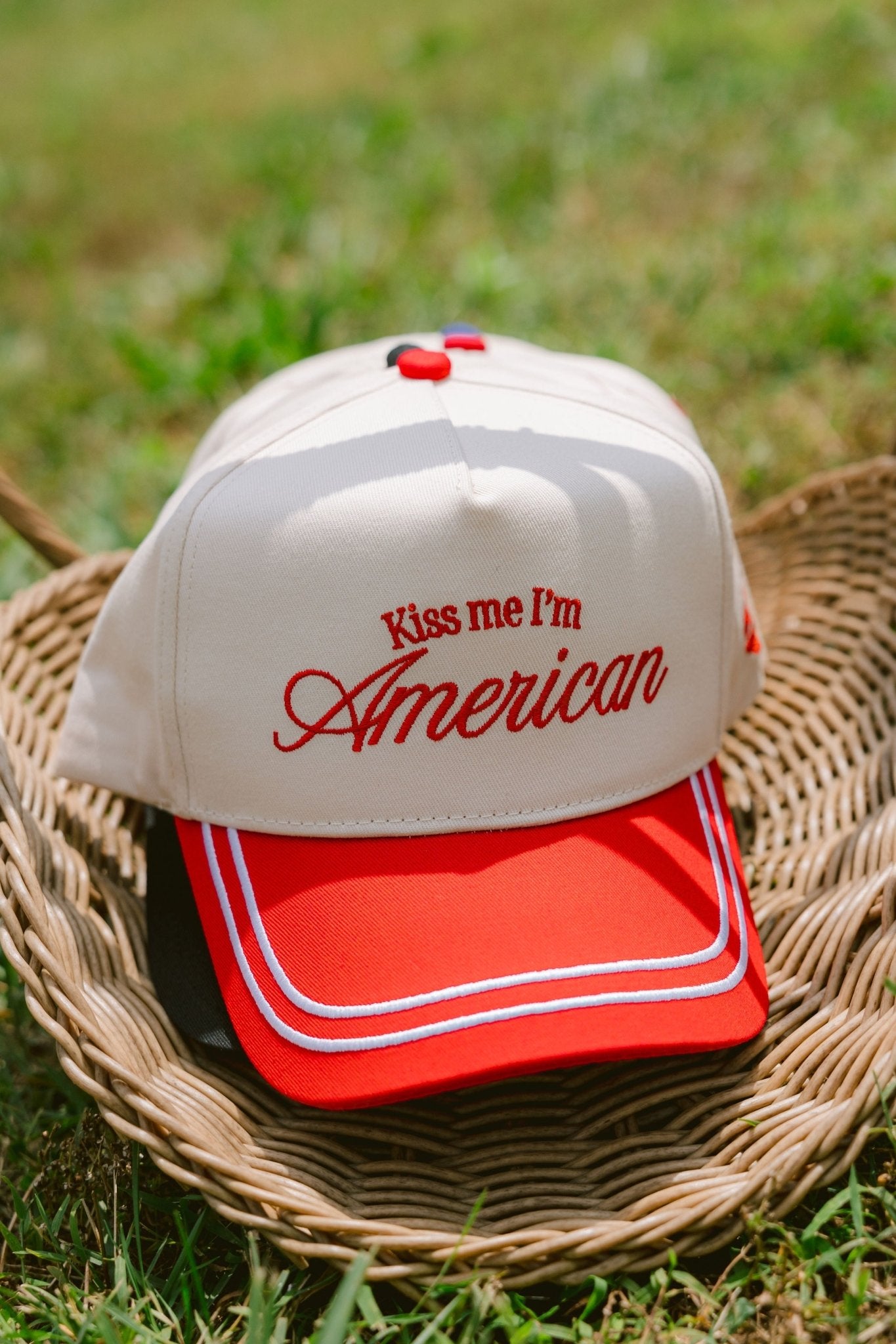 KenzKustomz Kiss me I'm American - Red Vintage Trucker Hat