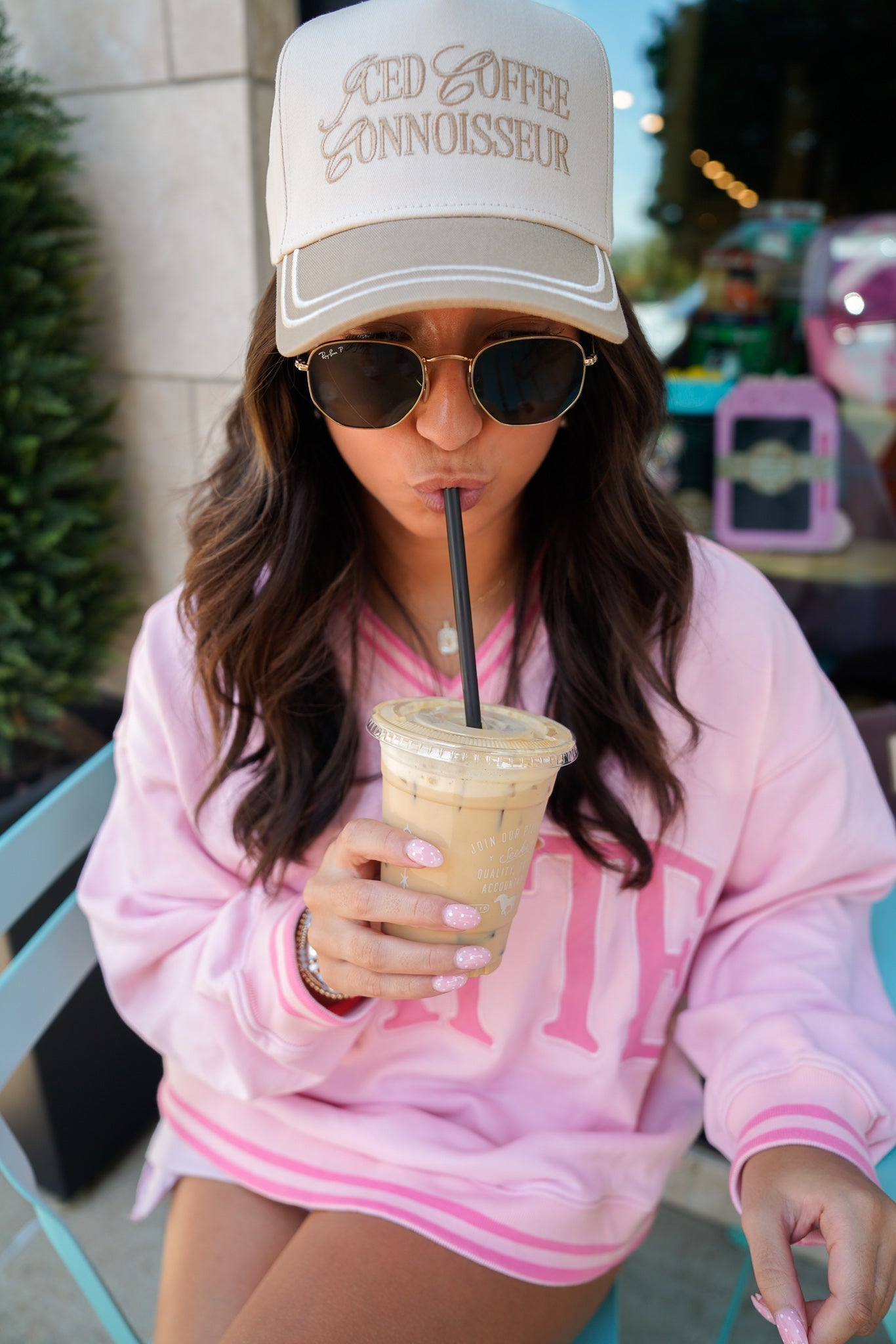KenzKustomz Latte - Pink Vintage V - Neck Sweatshirt