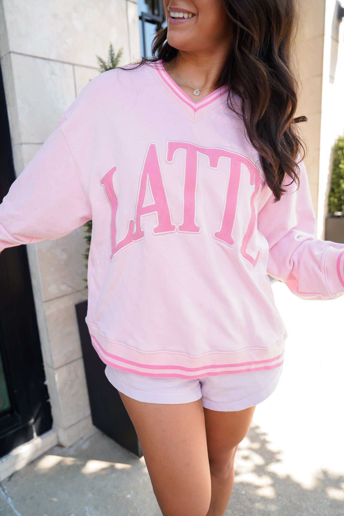 KenzKustomz Latte - Pink Vintage V - Neck Sweatshirt