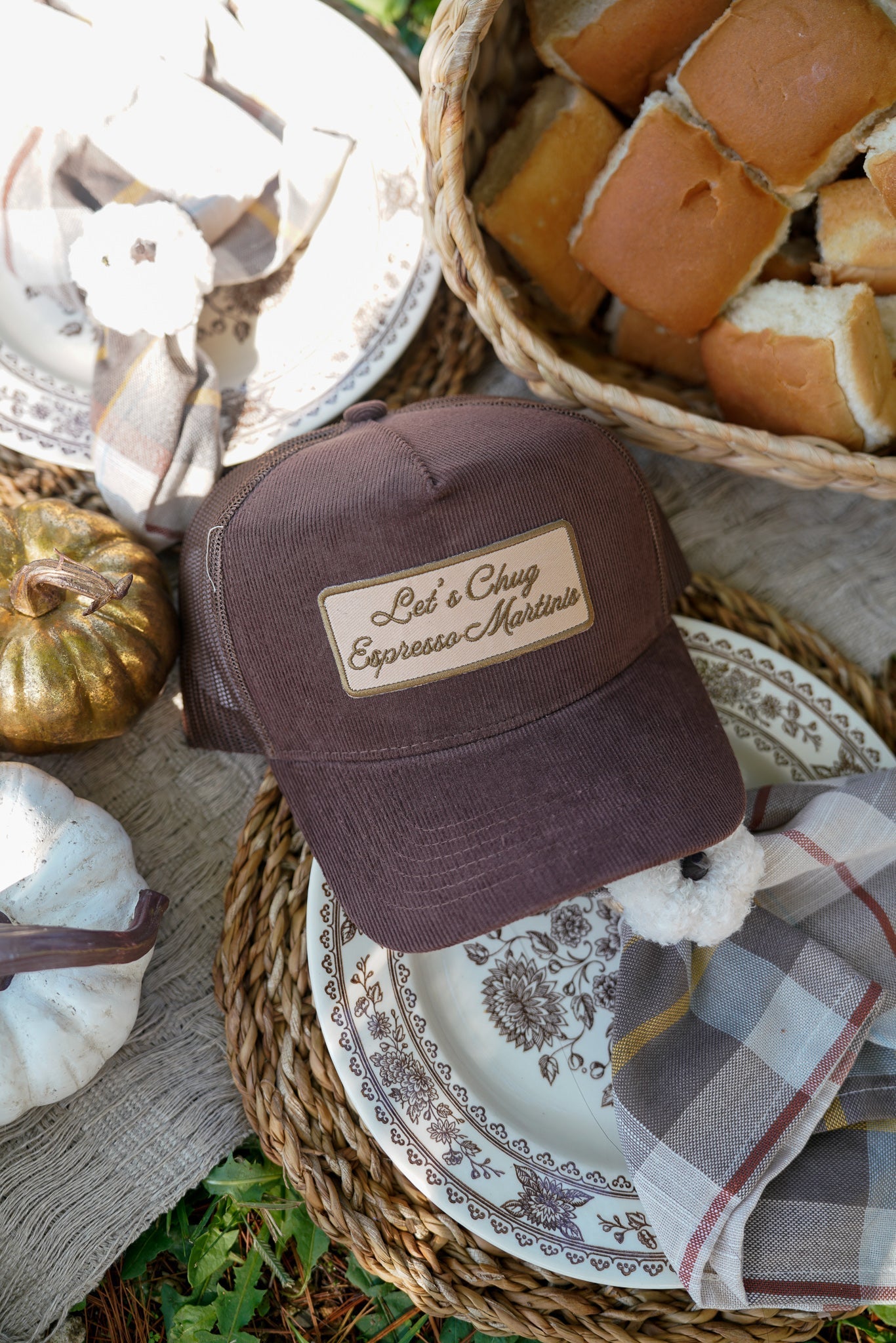 KenzKustomz Let's Chug Espresso Martinis - Brown Corduroy Trucker Hat